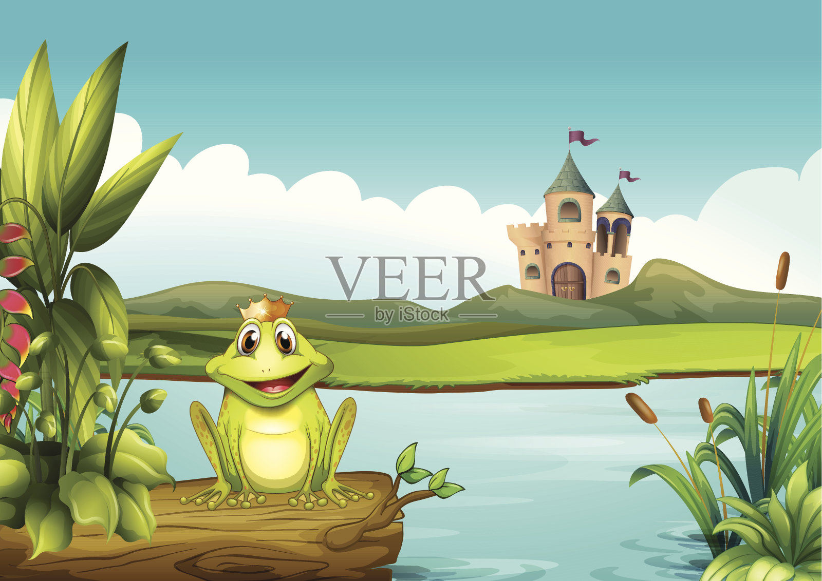 河边戴着皇冠的青蛙插画图片素材