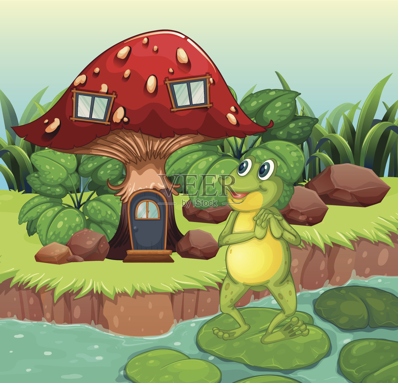 青蛙站在红色蘑菇房附近插画图片素材