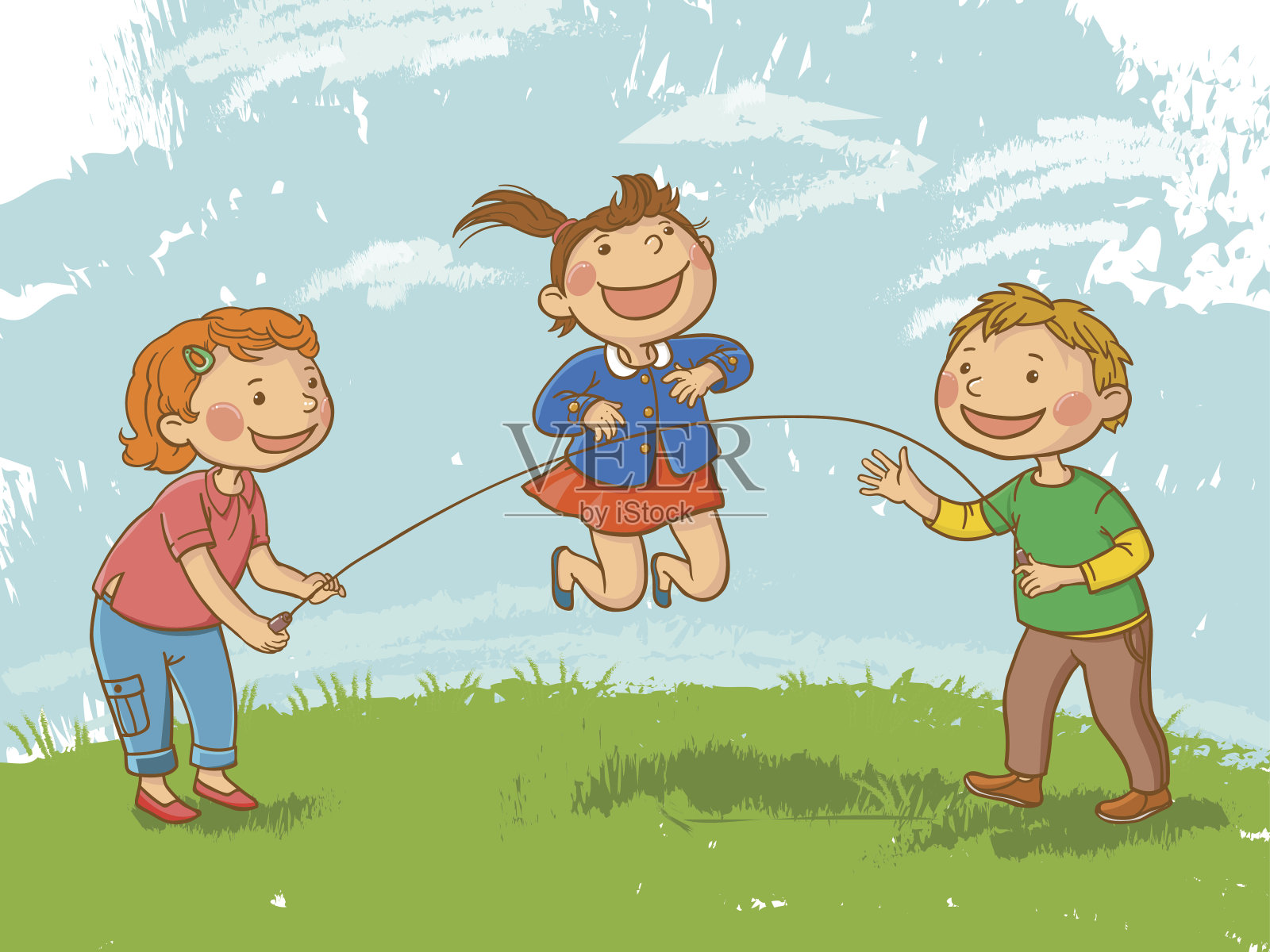 两个孩子在草地上钓鱼插画图片素材