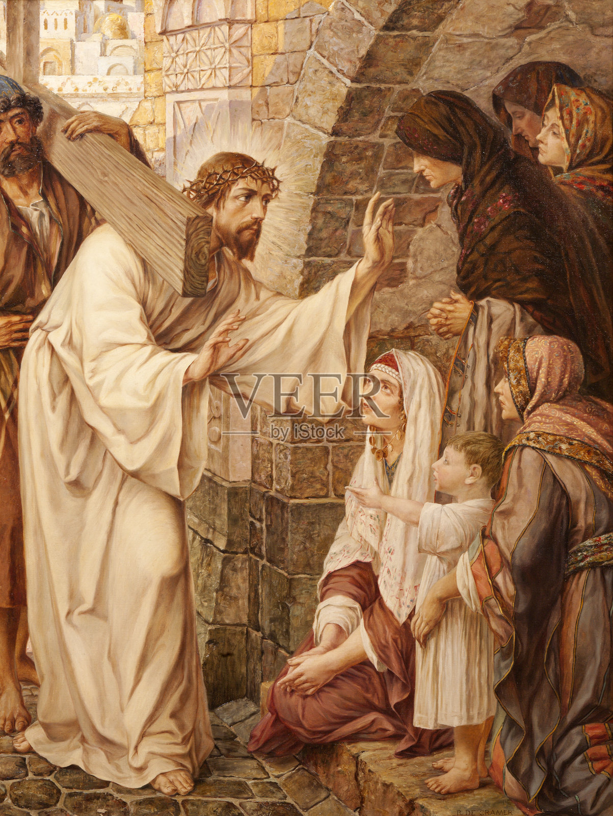 先生-耶稣和哭泣的女人在十字路口。插画图片素材