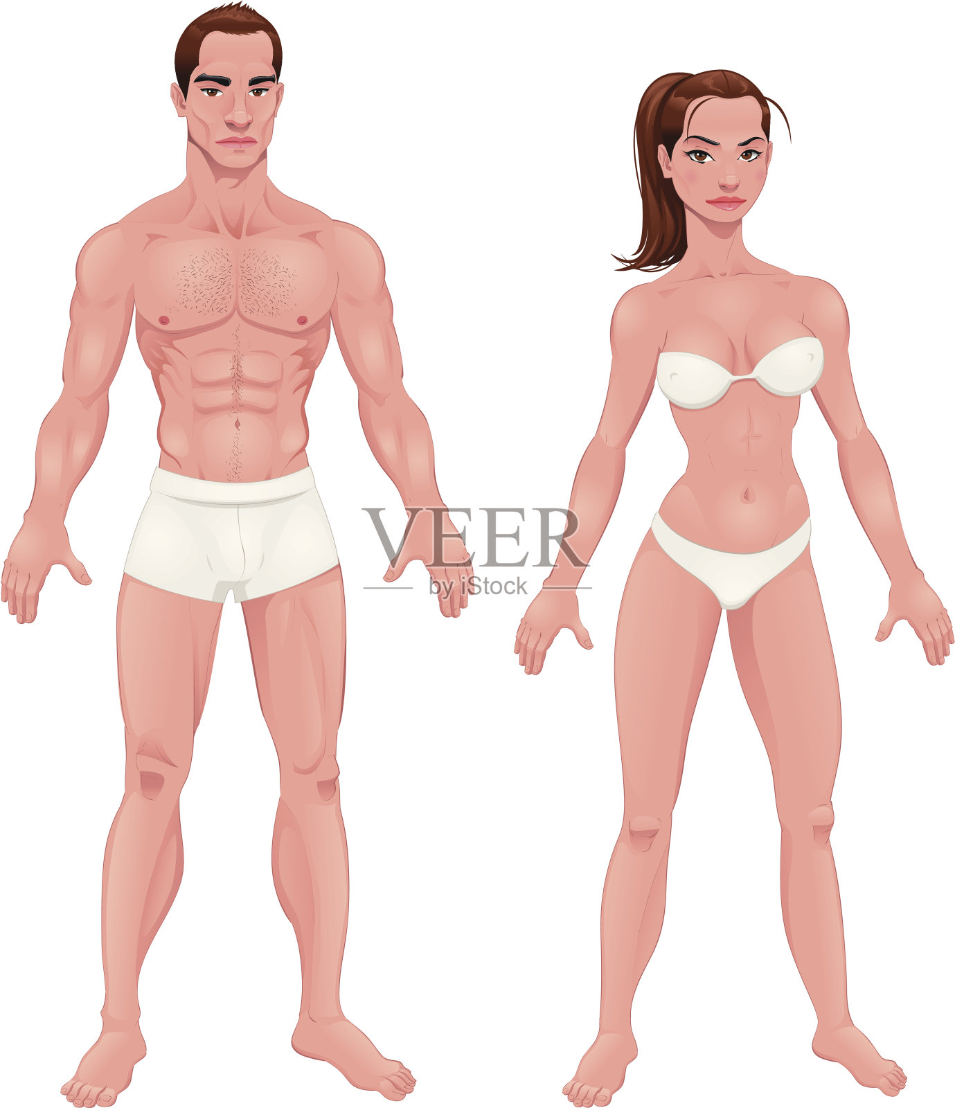 卡通白种人男人和女人穿着白色内裤插画图片素材