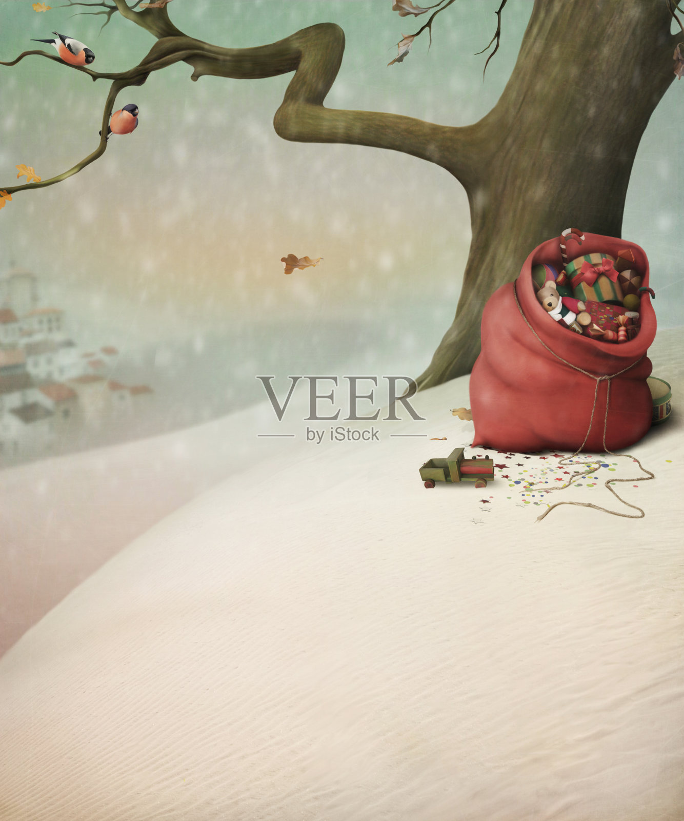 在冬天的森林里，装着圣诞礼物的红色袋子插画图片素材