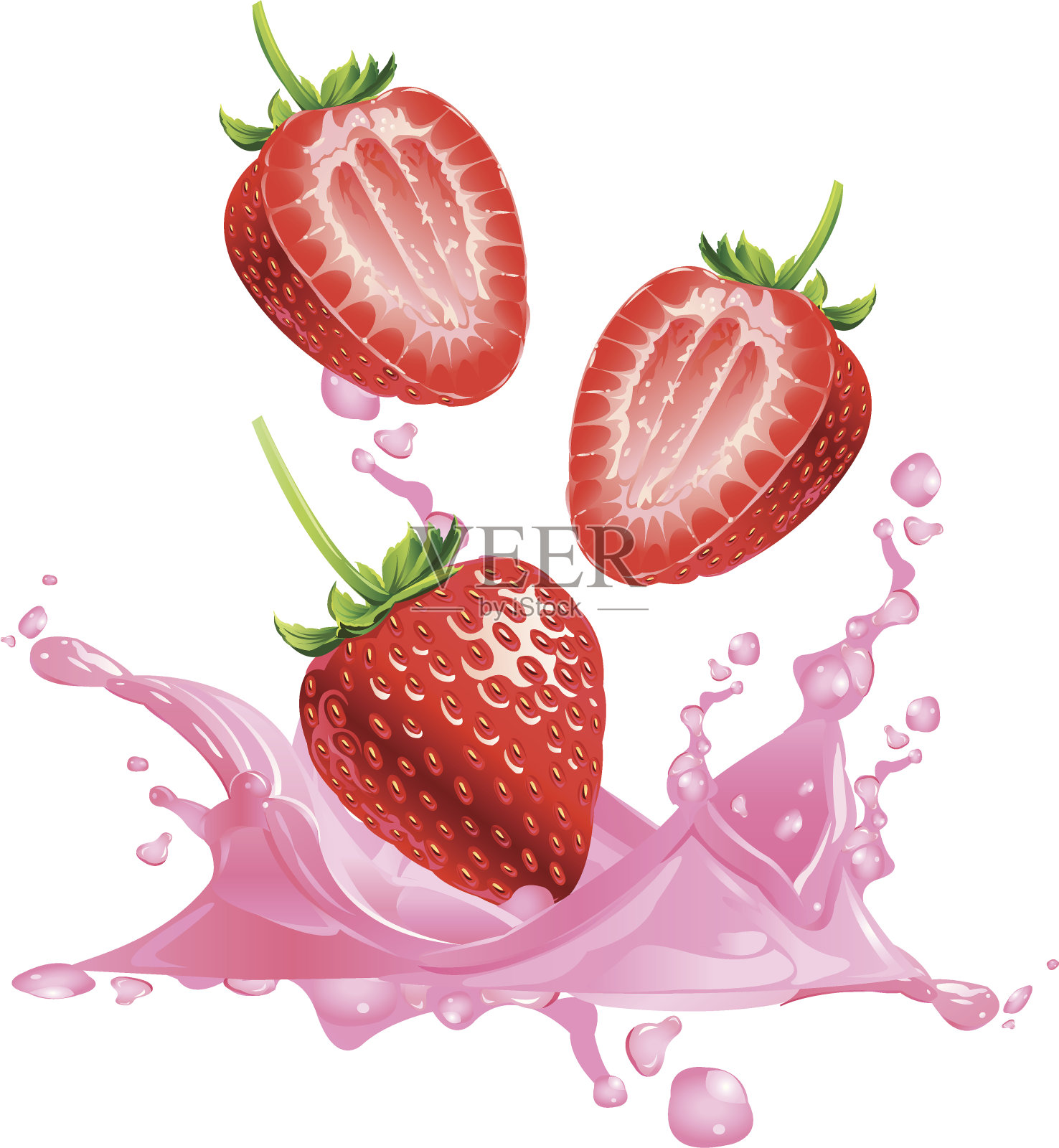 草莓溅进装满奶昔的杯子里。插画图片素材
