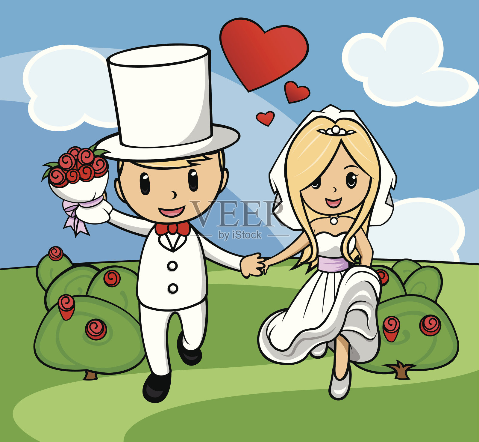 卡通新娘和新郎的婚礼与花束插画图片素材