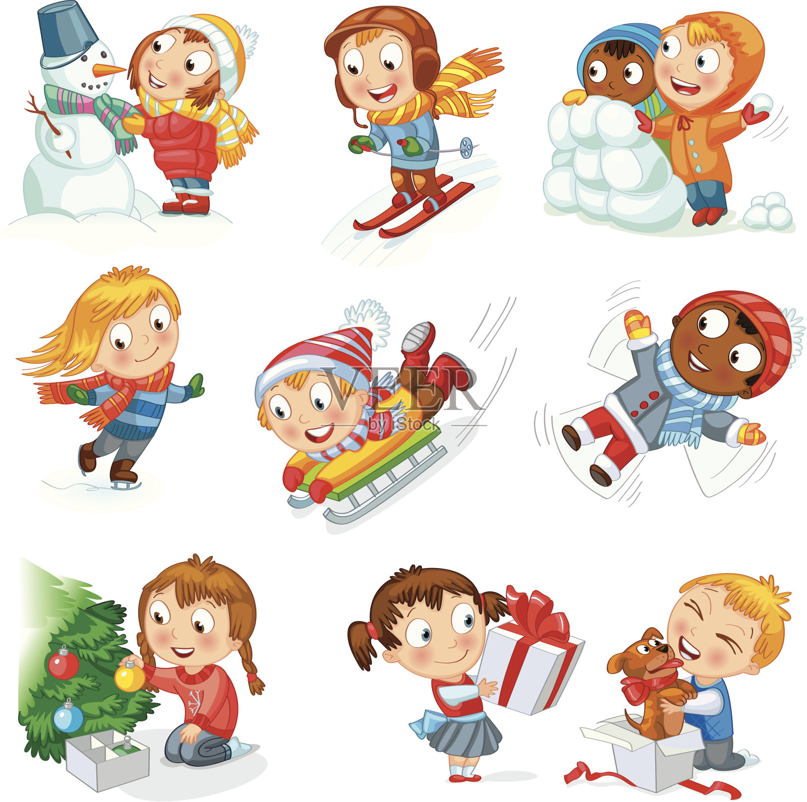 卡通人物的孩子在圣诞节期间的乐趣插画图片素材