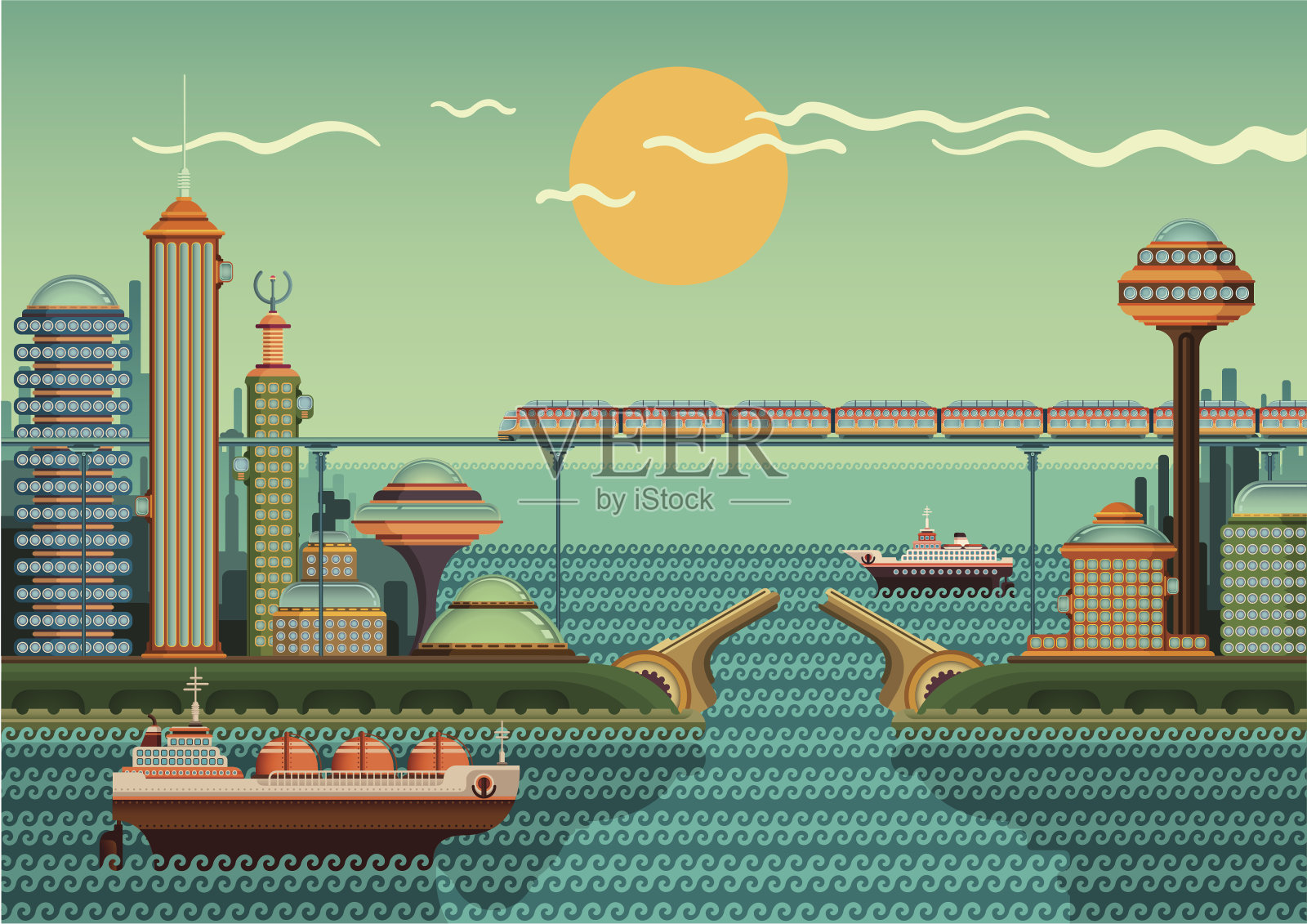 现代化的海滨城市。插画图片素材