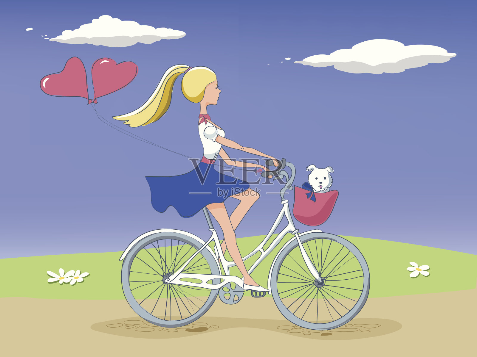 骑自行车的女孩和一只狗插画图片素材
