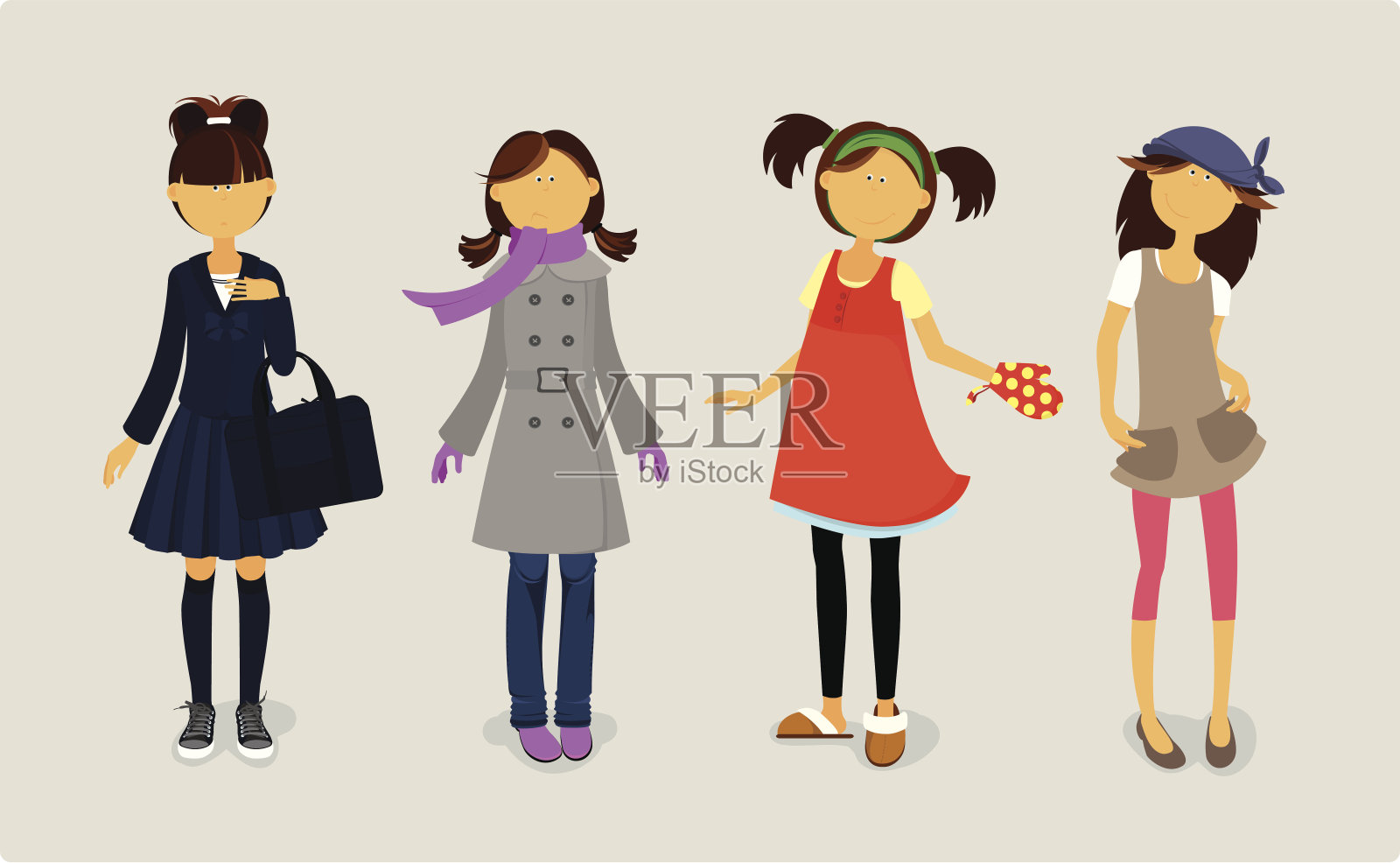 四个穿着时髦衣服的可爱女孩。插画图片素材