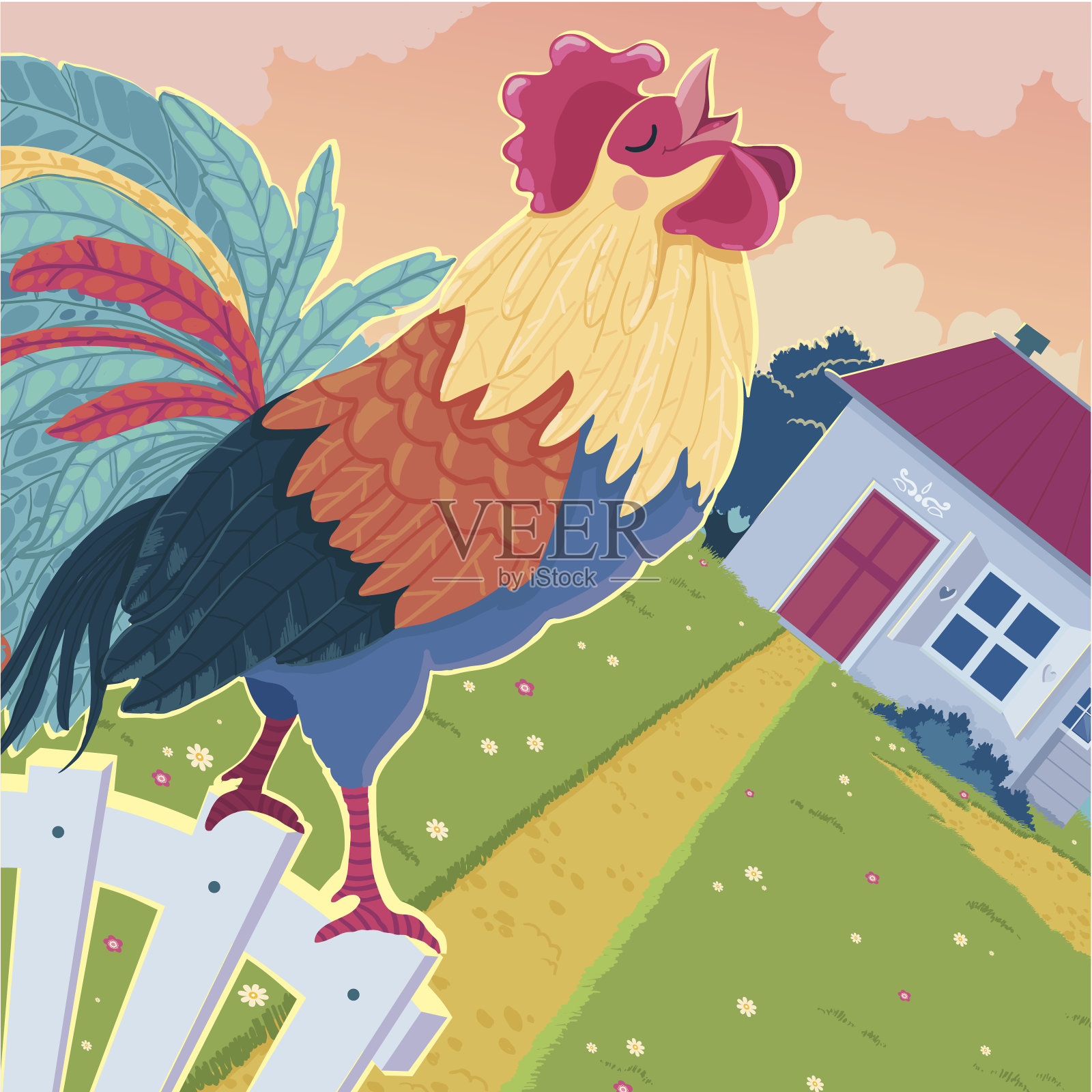 歌唱公鸡在黎明矢量插图插画图片素材