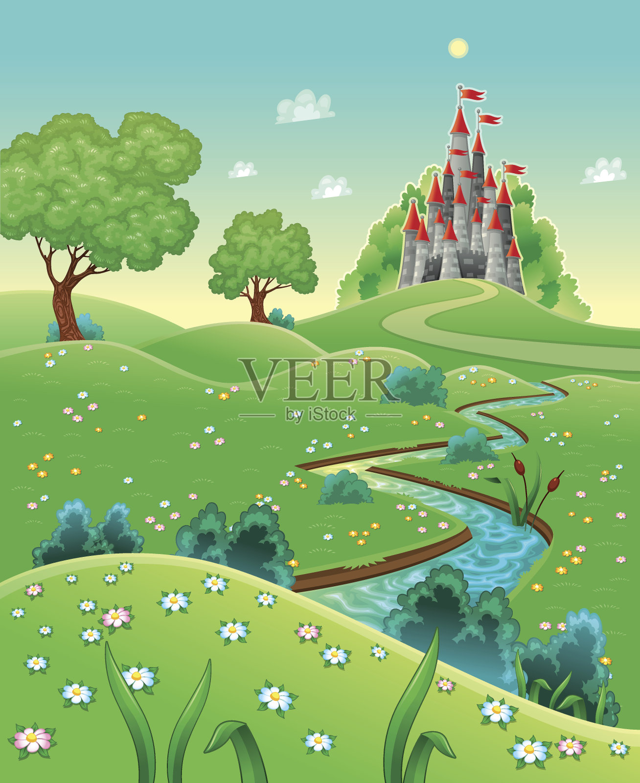 草地上绘有通向城堡的小路插画图片素材