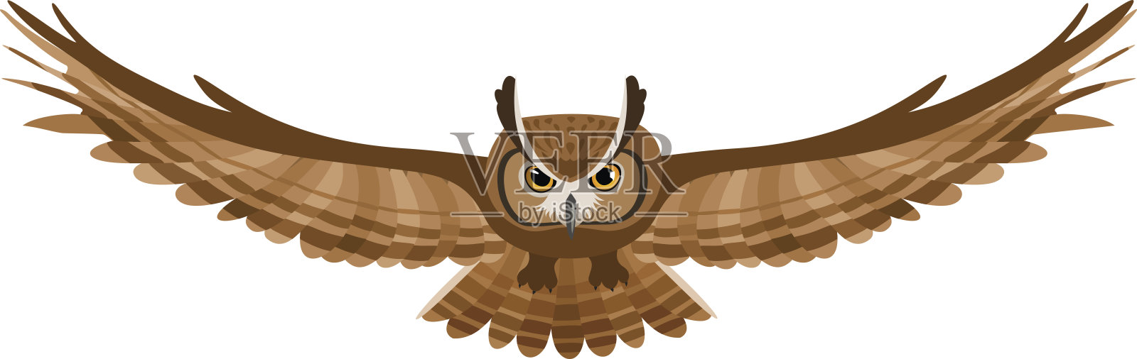 前矢量插图的棕色猫头鹰与翅膀展开设计元素图片