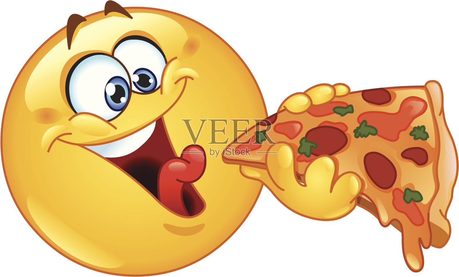 大大的黄色表情吃披萨片插画图片素材