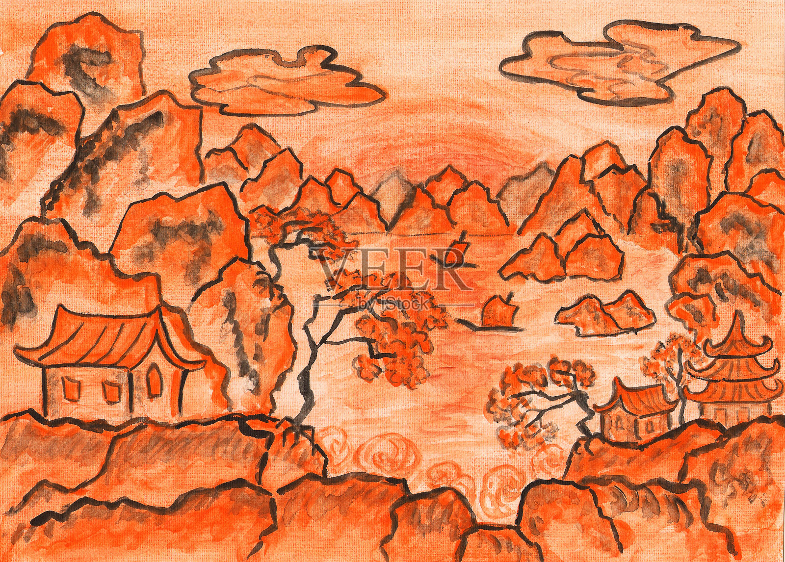 橘色的中国山水画插画图片素材