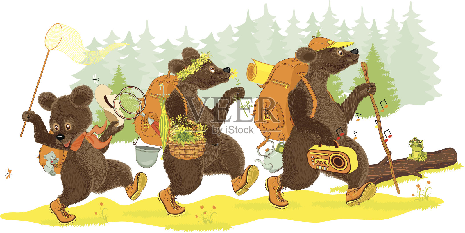 三只熊徒步旅行插画图片素材