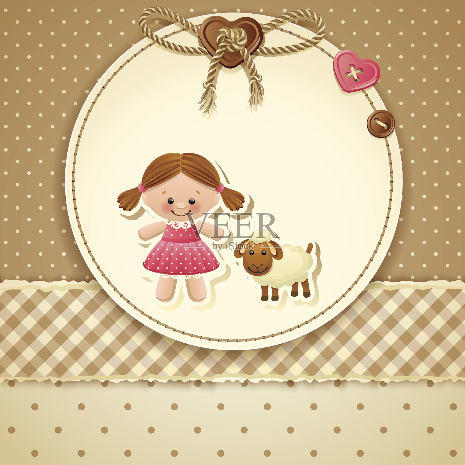 婴儿派对的邀请函上画着一个小女孩和一只羔羊插画图片素材