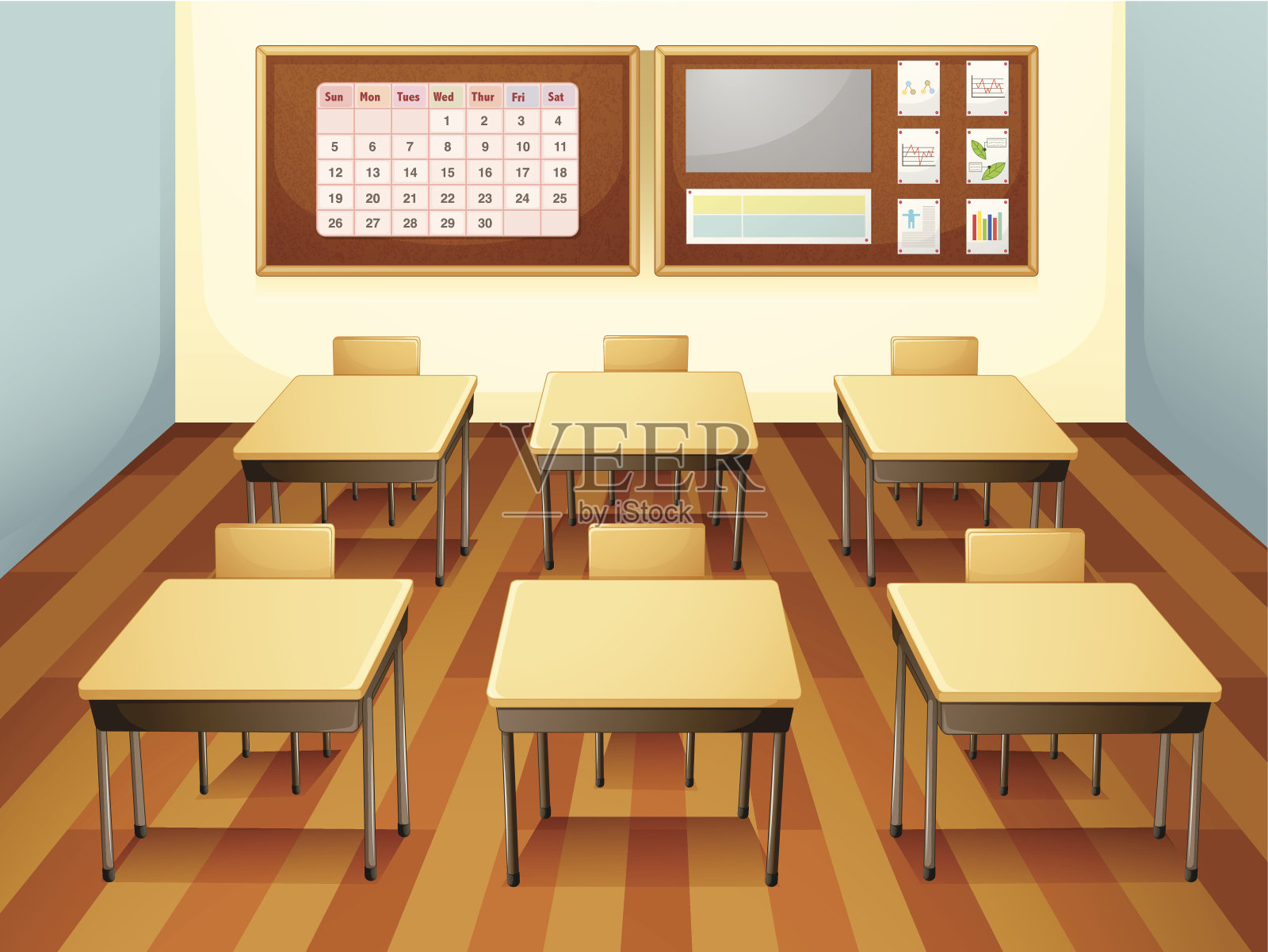 教室里有六张课桌，一个日历和一个任务板插画图片素材
