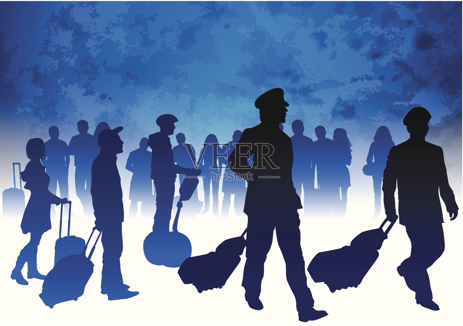 乘客和飞行员带着行李在机场插画图片素材