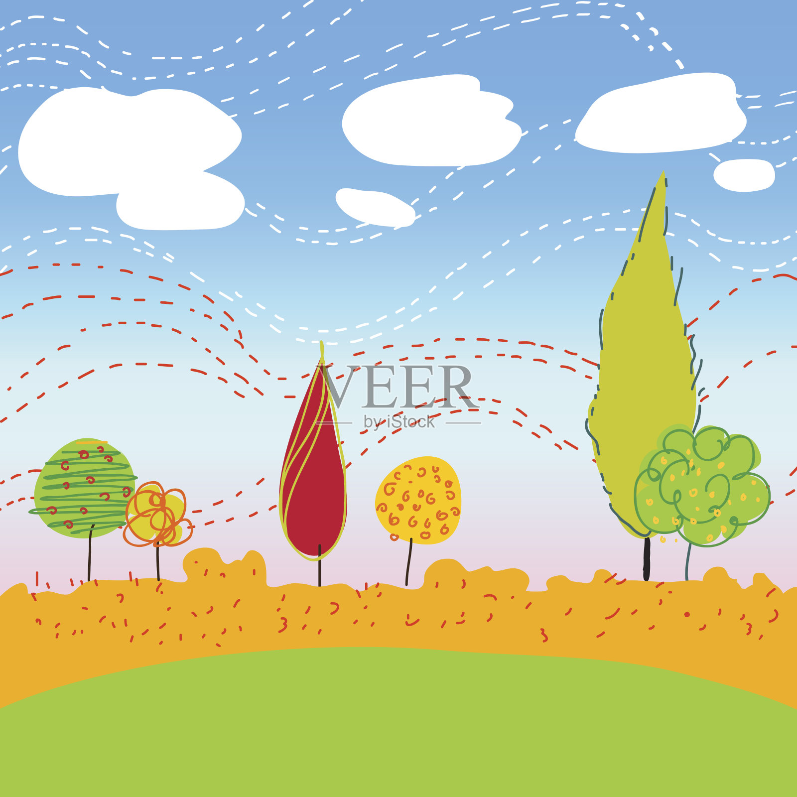 秋天的风景与树木和云彩插画图片素材