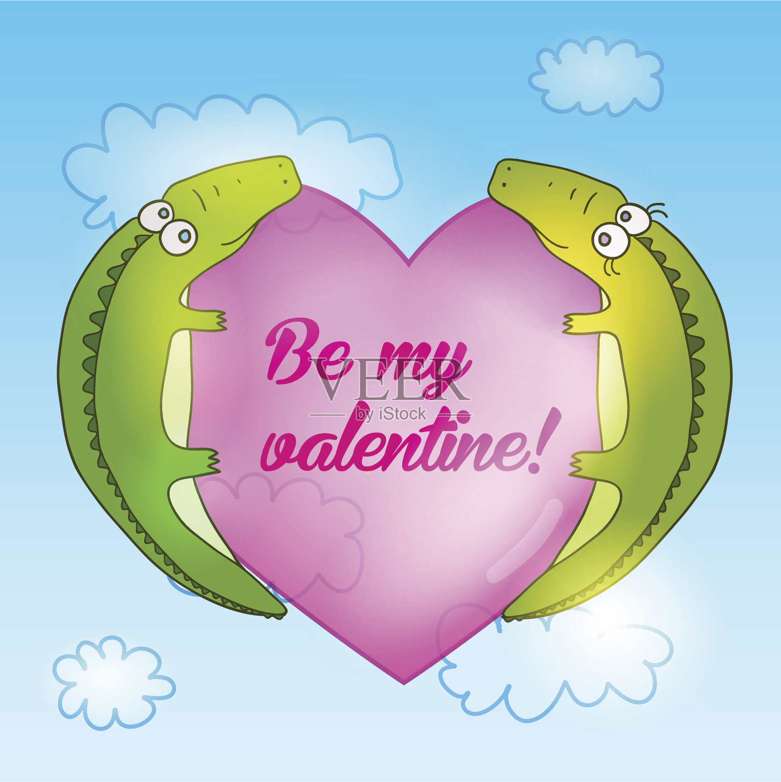 情人节卡片。可爱的鳄鱼家庭与大粉红色的心。插画图片素材