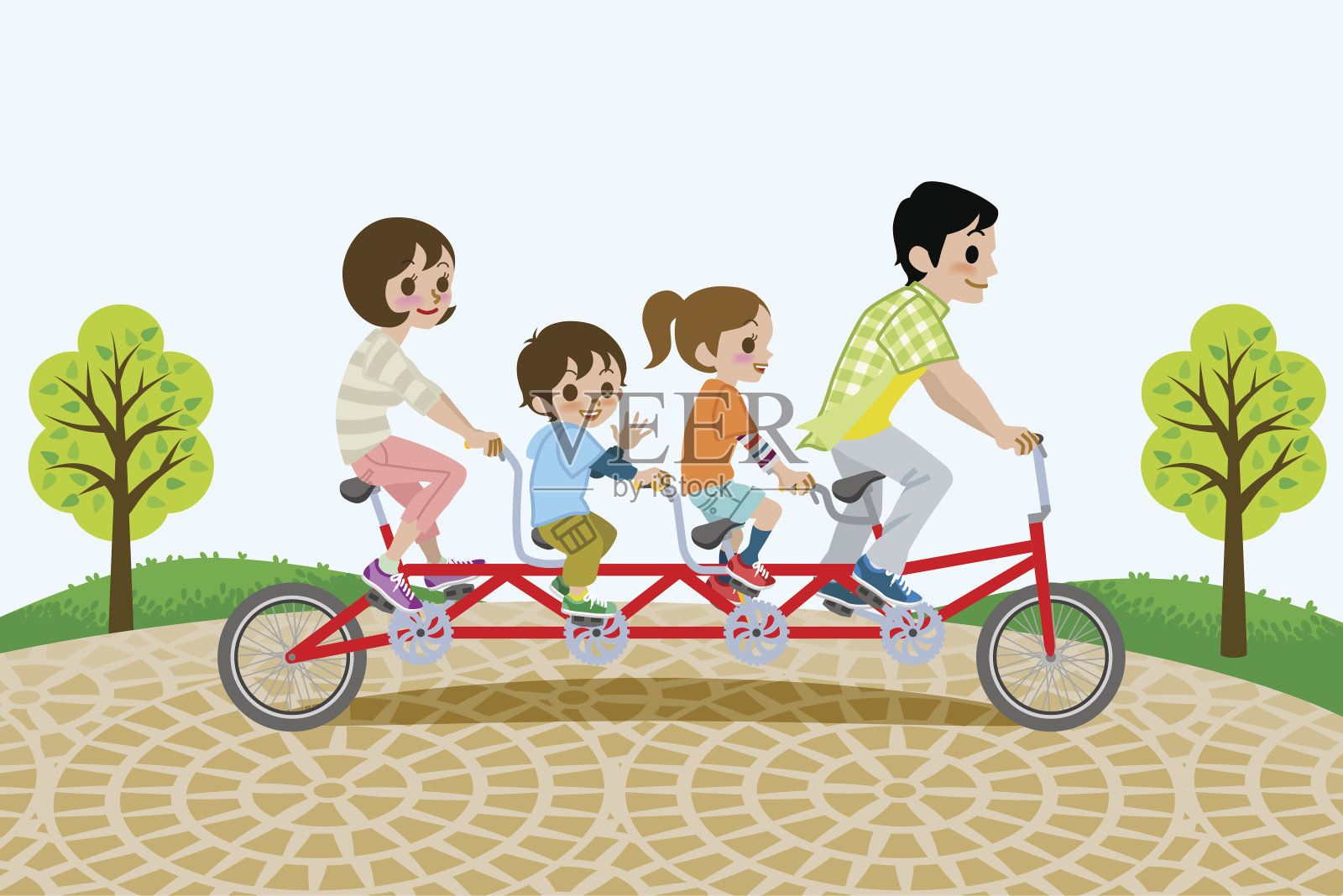 一家人骑双人自行车，在公园里插画图片素材