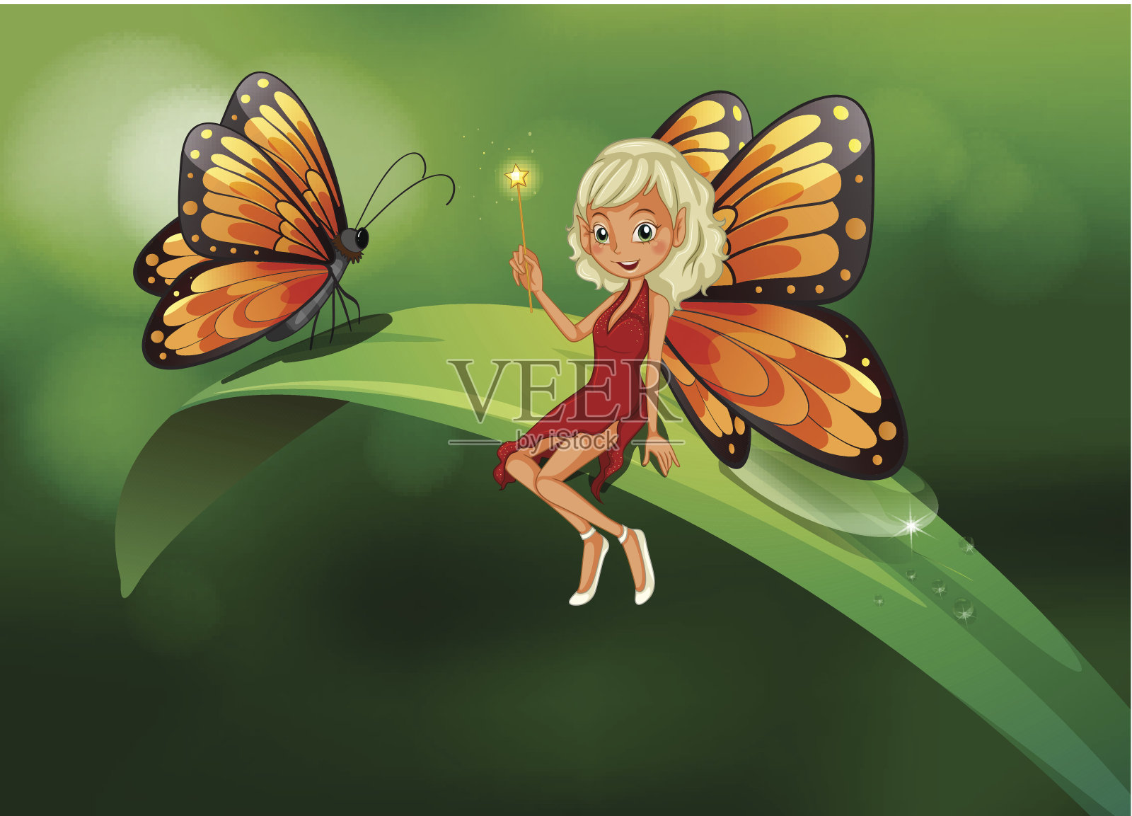 仙子和蝴蝶在长叶的顶端插画图片素材