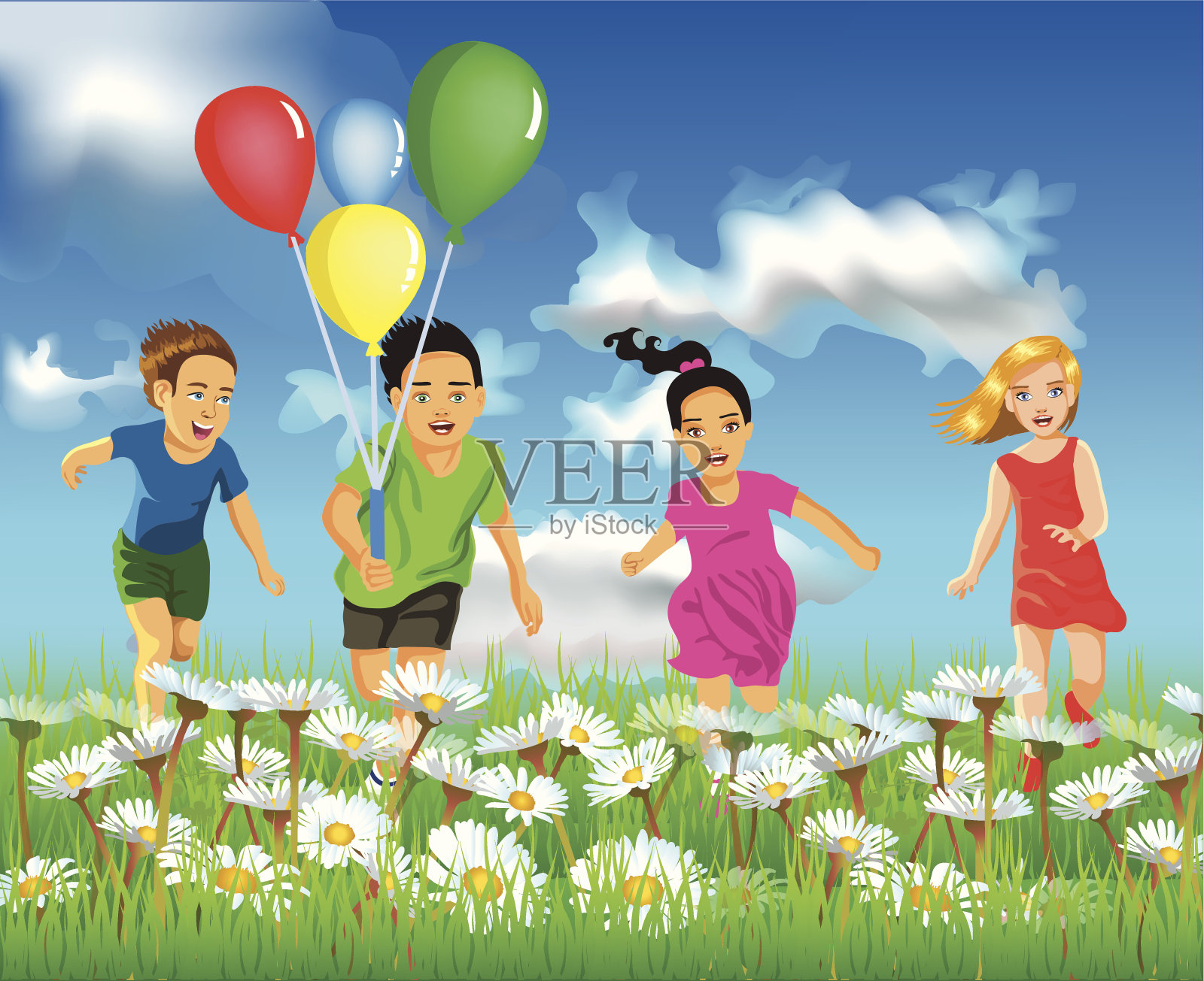 快乐的孩子们在田野里奔跑插画图片素材