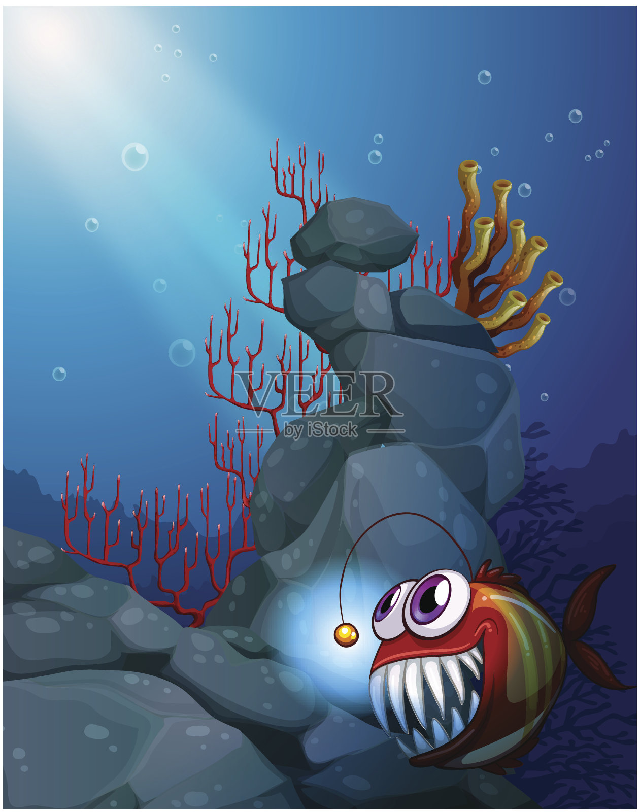 海底的珊瑚礁和食人鱼插画图片素材