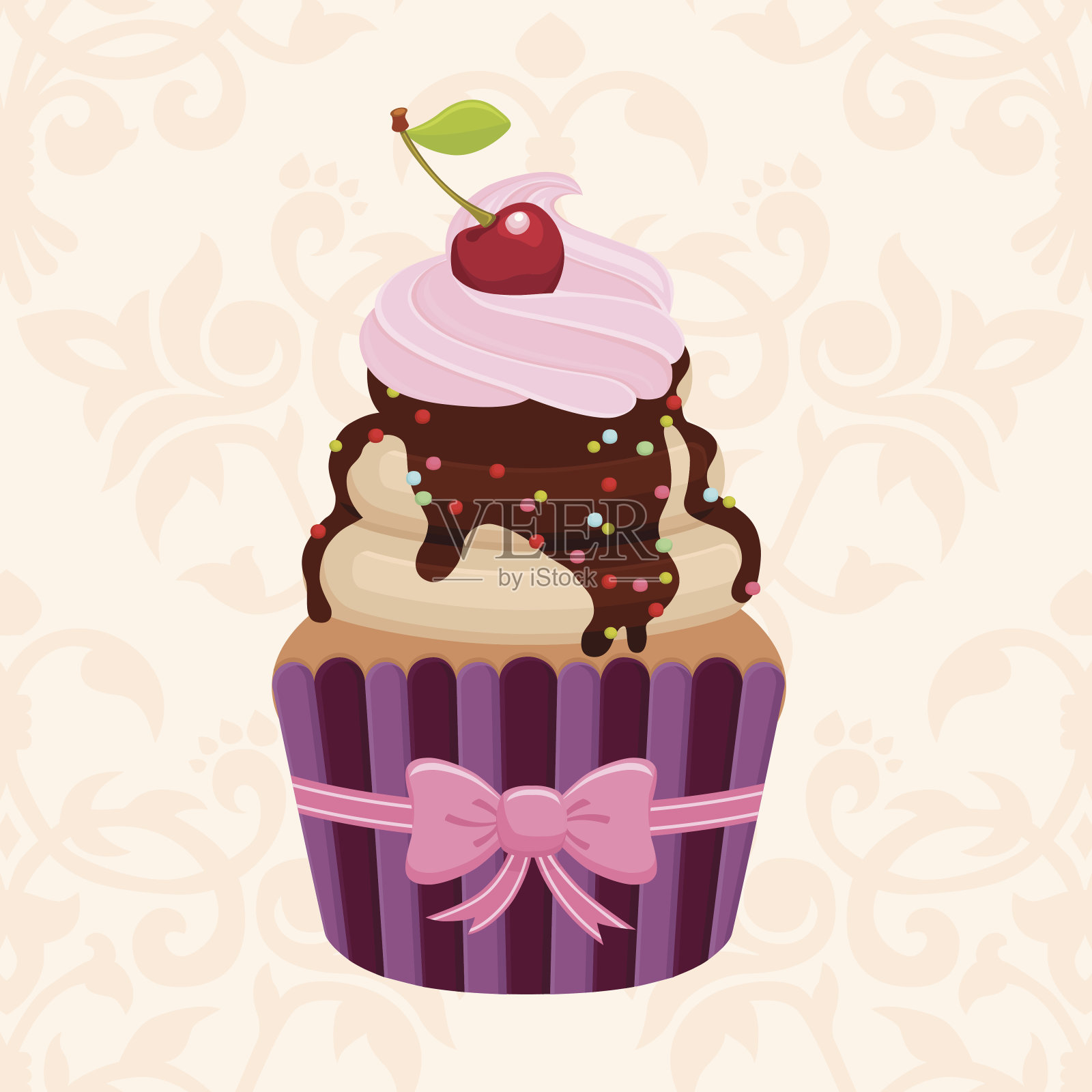 美味的小蛋糕，樱桃，鲜奶油和巧克力。插画图片素材