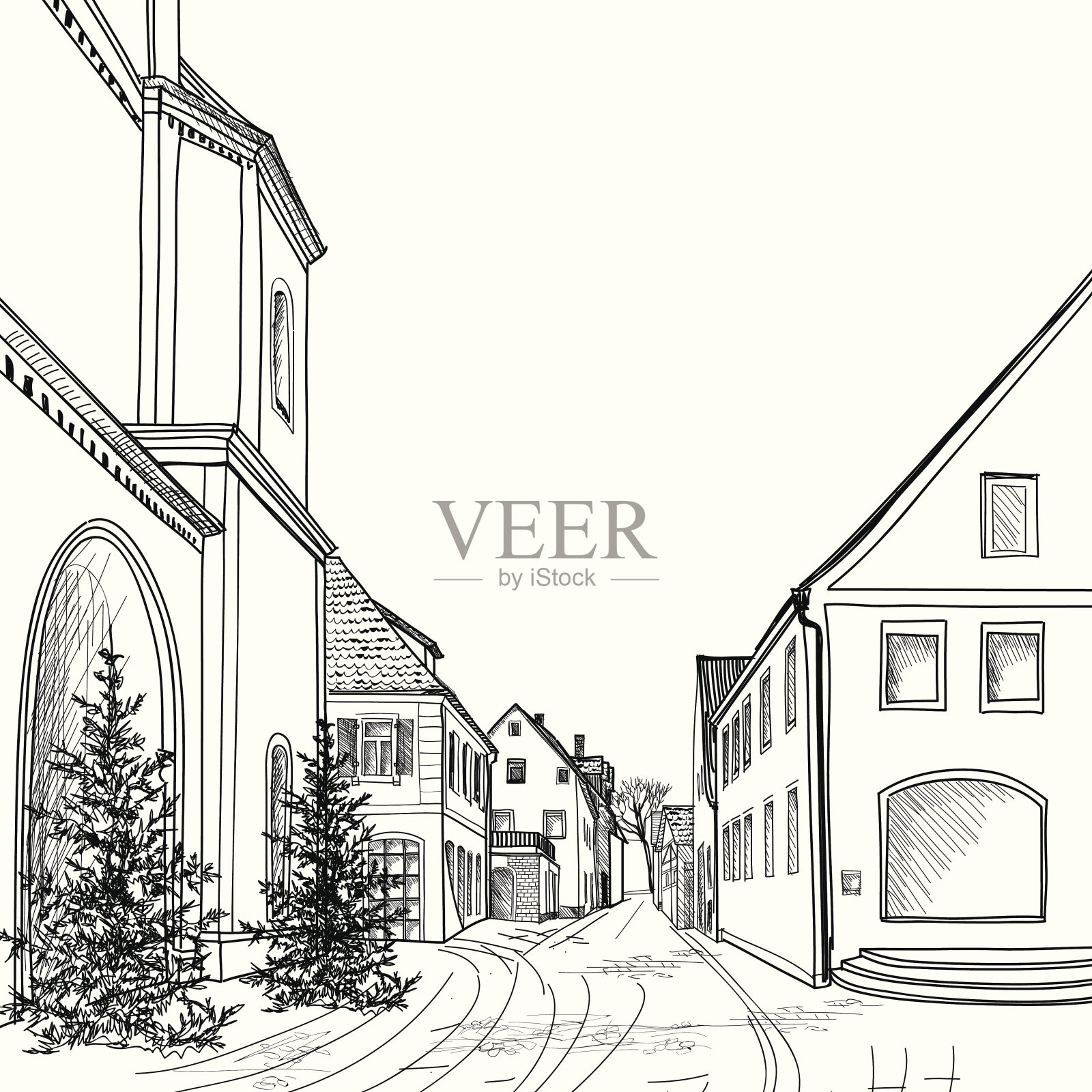 古老的欧洲城市中的步行街插画图片素材