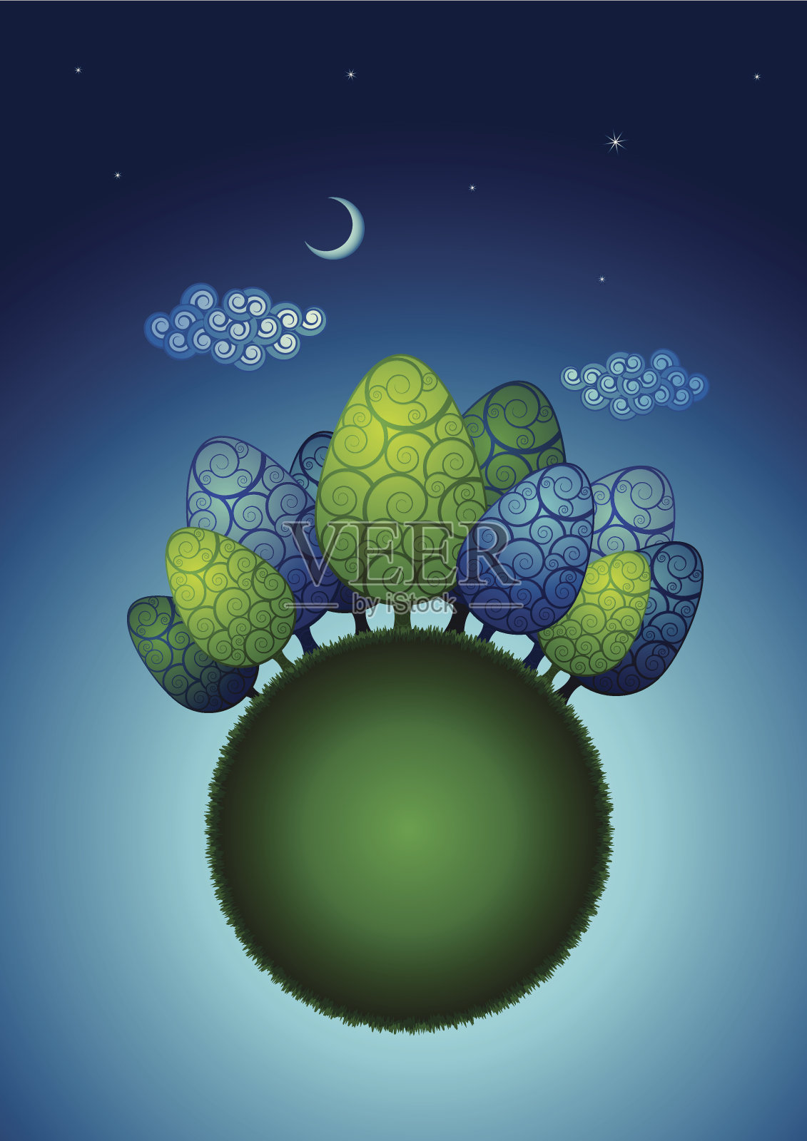 树木在绿色的地球上-夜插画图片素材
