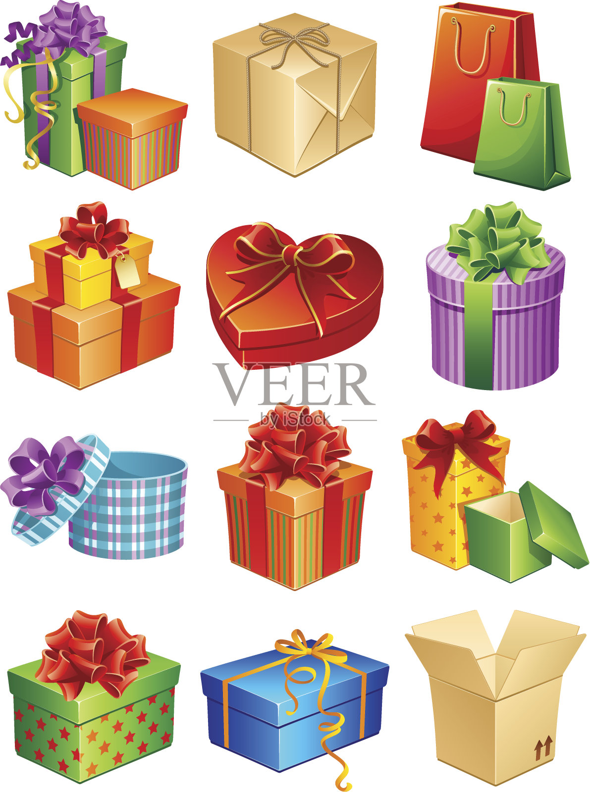 十个彩带包装的礼物，两个棕色的盒子插画图片素材