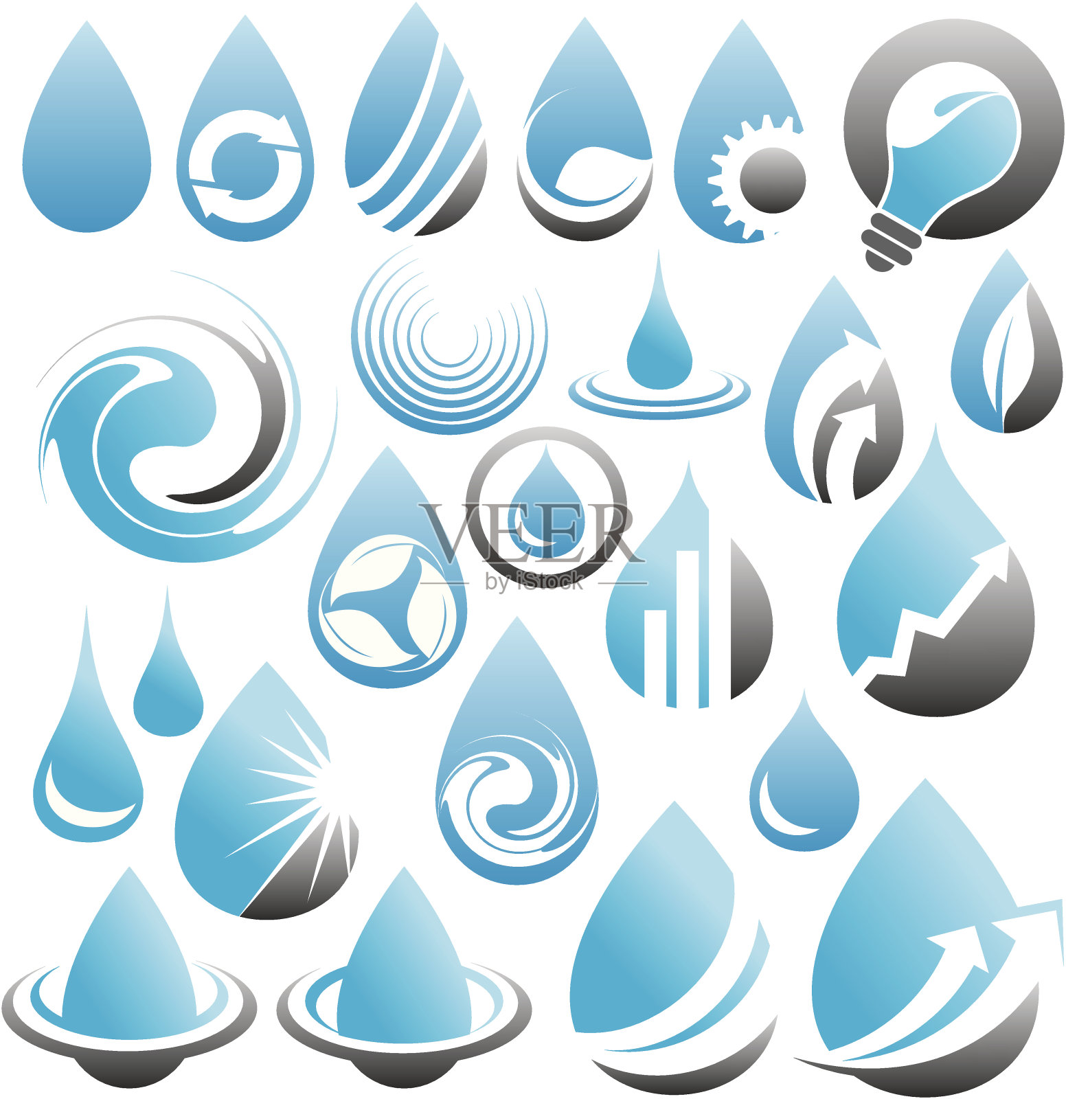 一套水滴图标，符号，标志和设计元素图标素材