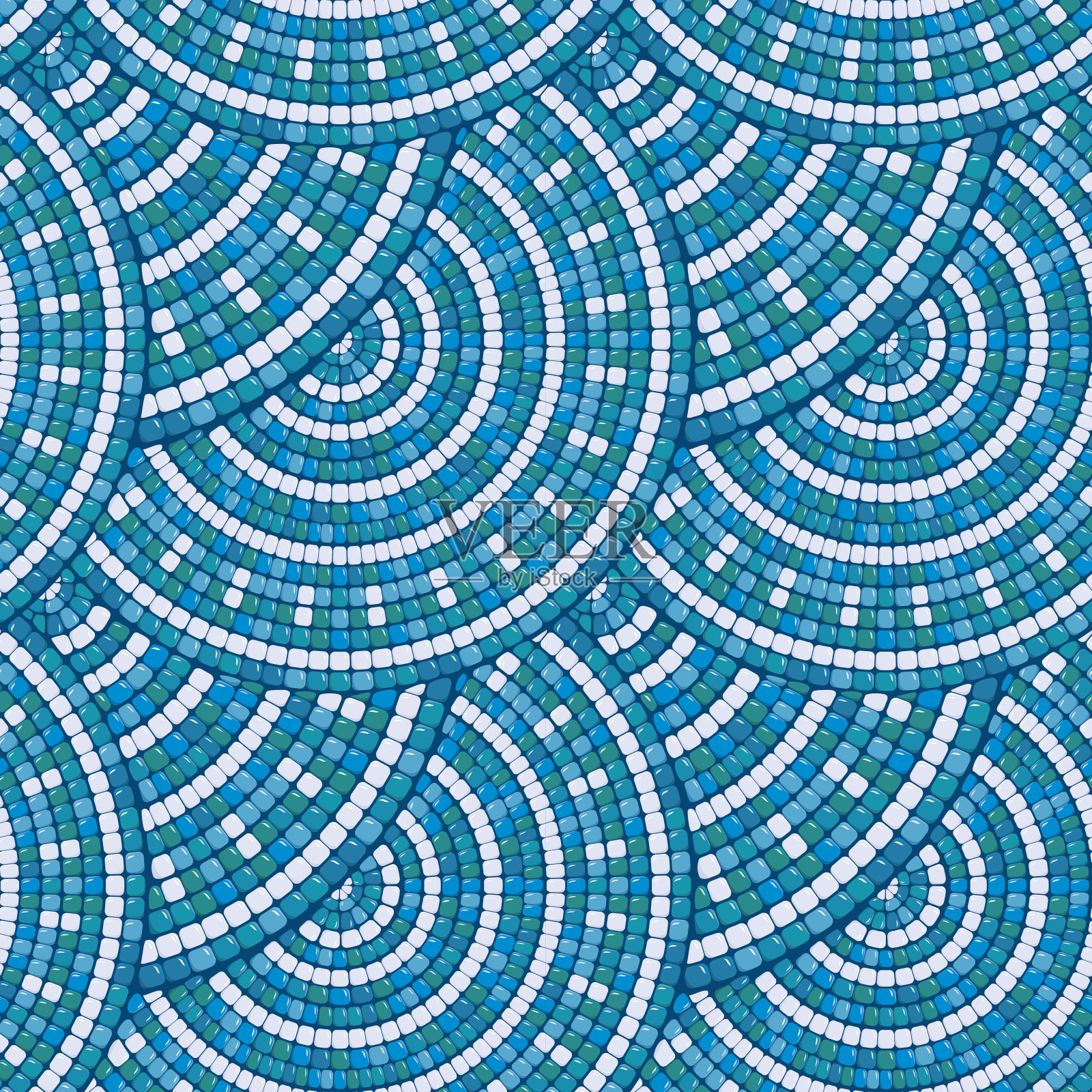 马赛克图案-蓝色陶瓷圆形经典几何装饰。插画图片素材