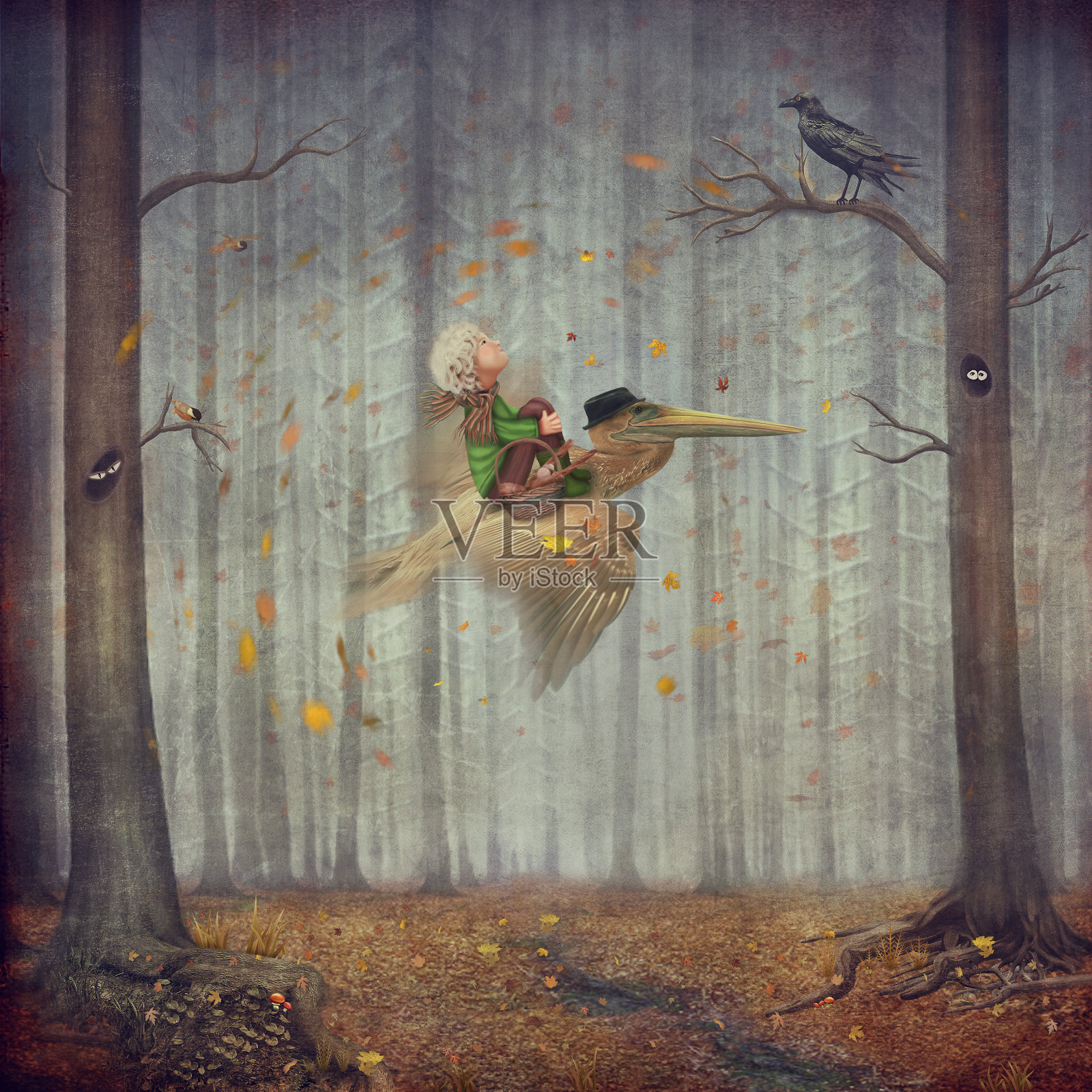 小男孩和褐鹈鹕在秋天的森林里飞翔插画图片素材