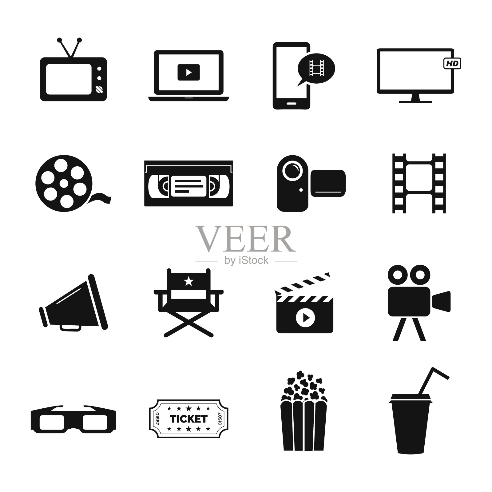 设置与电影、电影和电影行业相关的图标图标素材