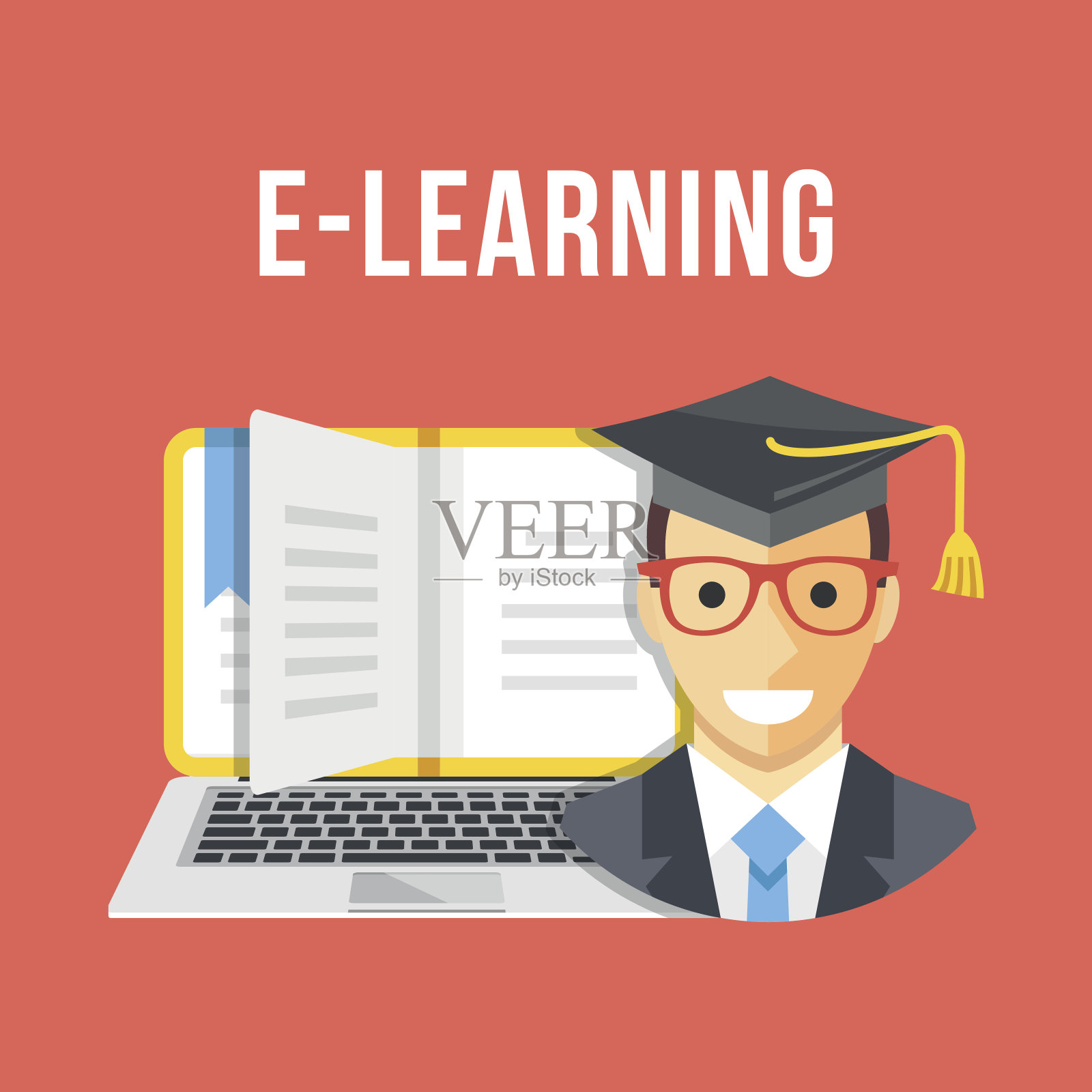 E-Learning，在线教育理念。平面设计矢量图插画图片素材