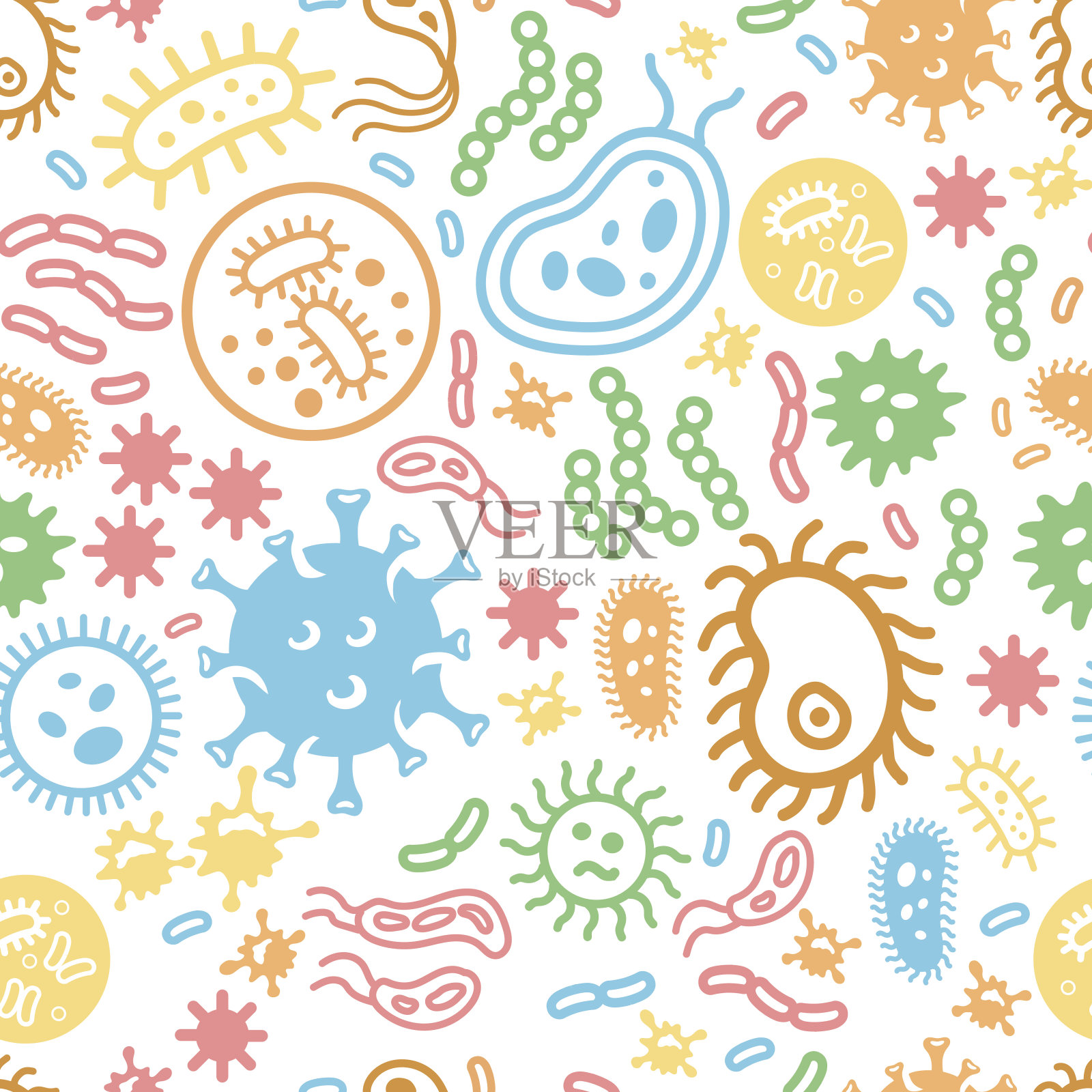 细菌、病毒和细菌、微生物细胞无缝模式颜色载体插画图片素材