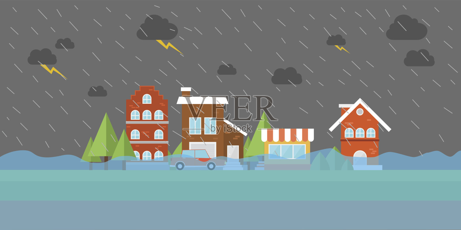 城市洪水，洪水，水在街道，建筑，商店，房子插画图片素材