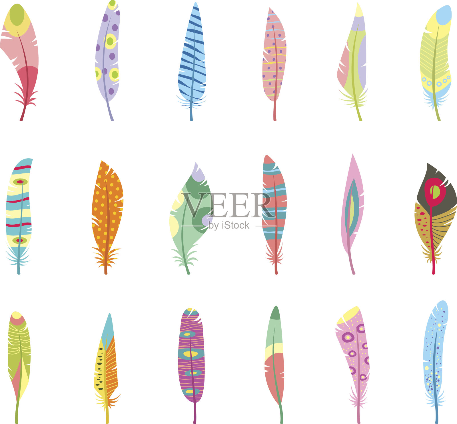 程式化的或抽象的羽毛和羽毛轮廓的向量集插画图片素材