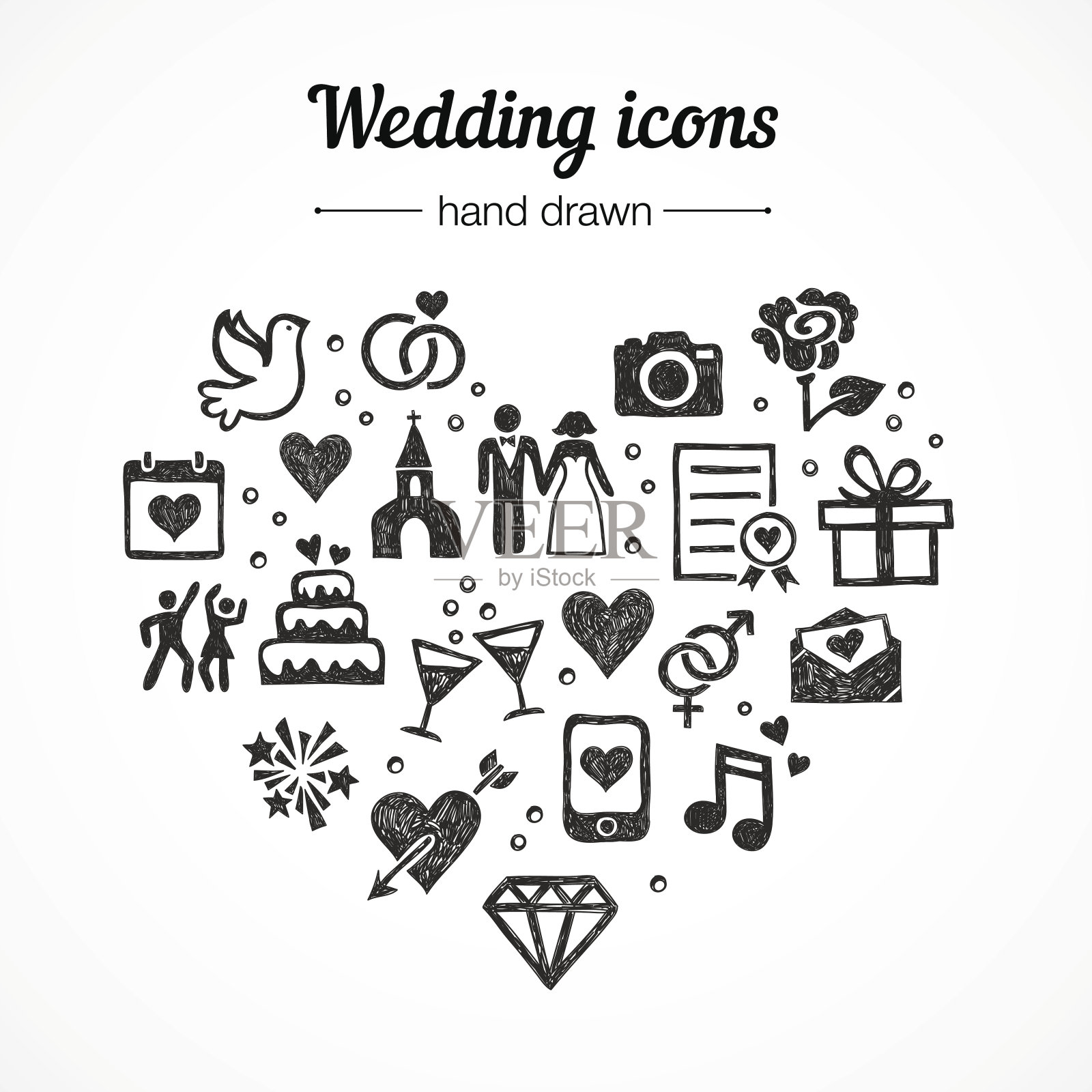 手绘矢量设置婚礼图标:婚姻，戒指，夫妇，爱设计元素图片