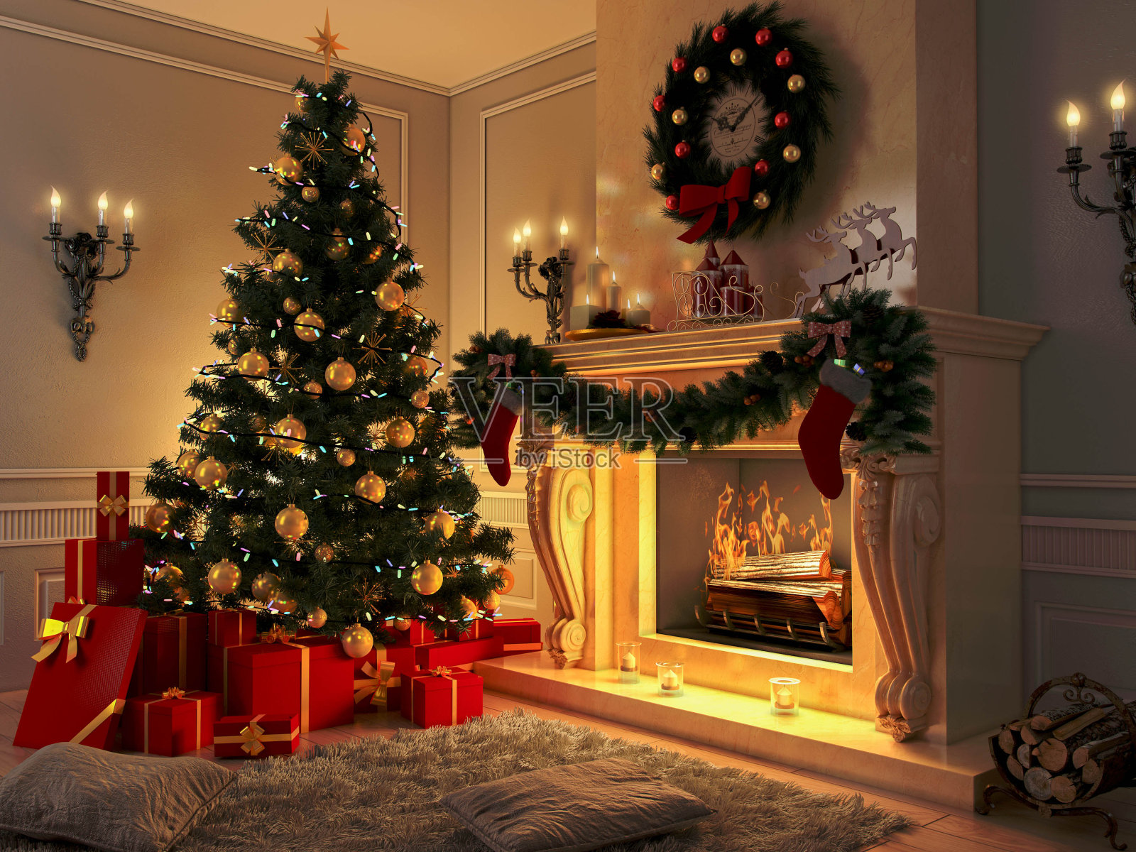 新的室内装饰有圣诞树、礼物和壁炉。明信片。照片摄影图片