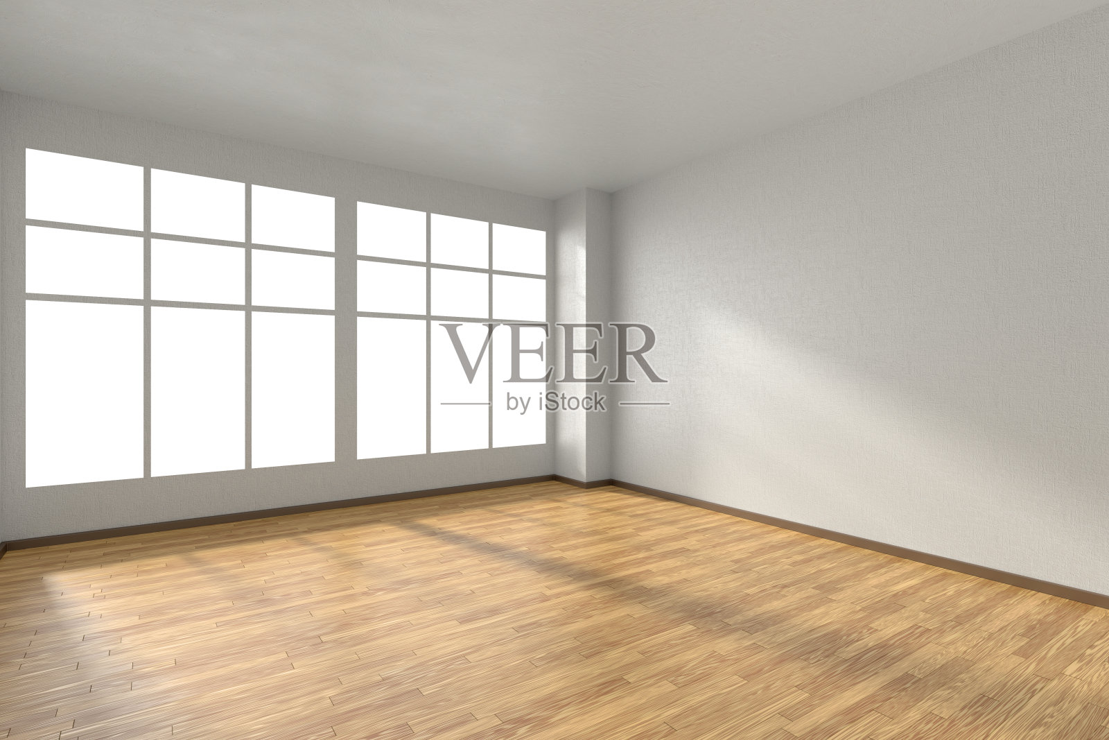 空房间，镶木地板，有纹理的白色墙壁和窗户照片摄影图片