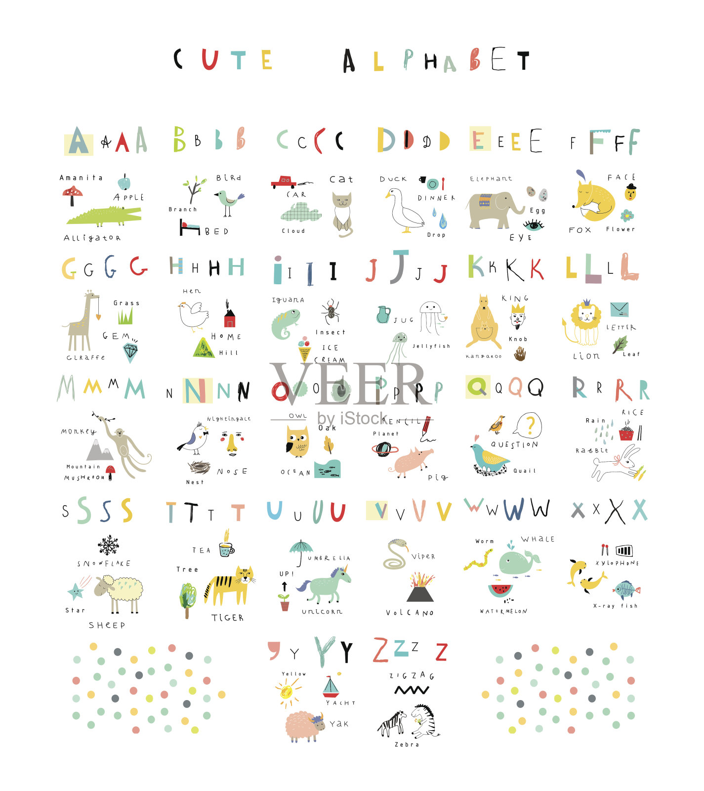 可爱的字母。字母和单词。植物,动物,动物。设计元素图片