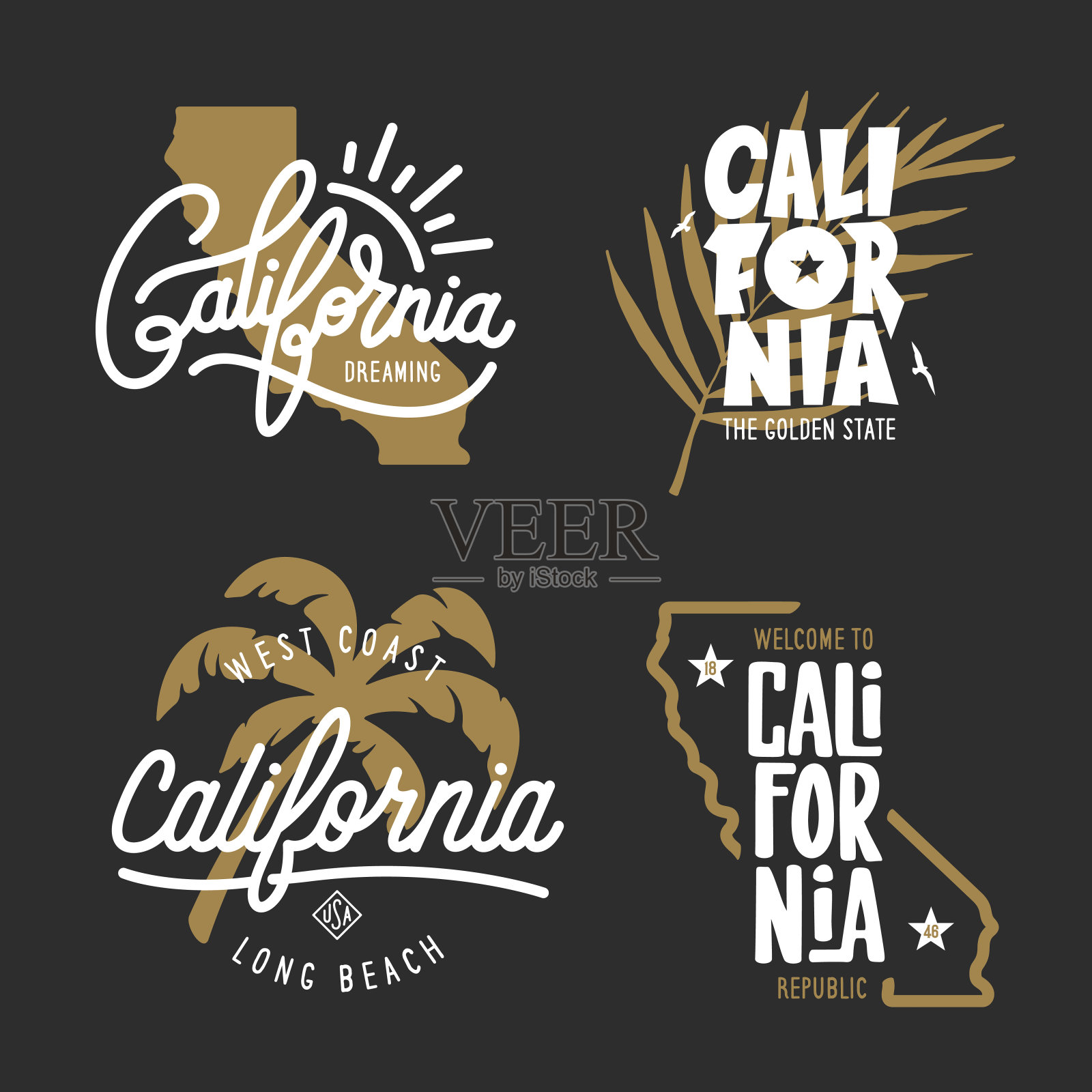 加州相关t恤复古风格图形集。矢量插图。插画图片素材