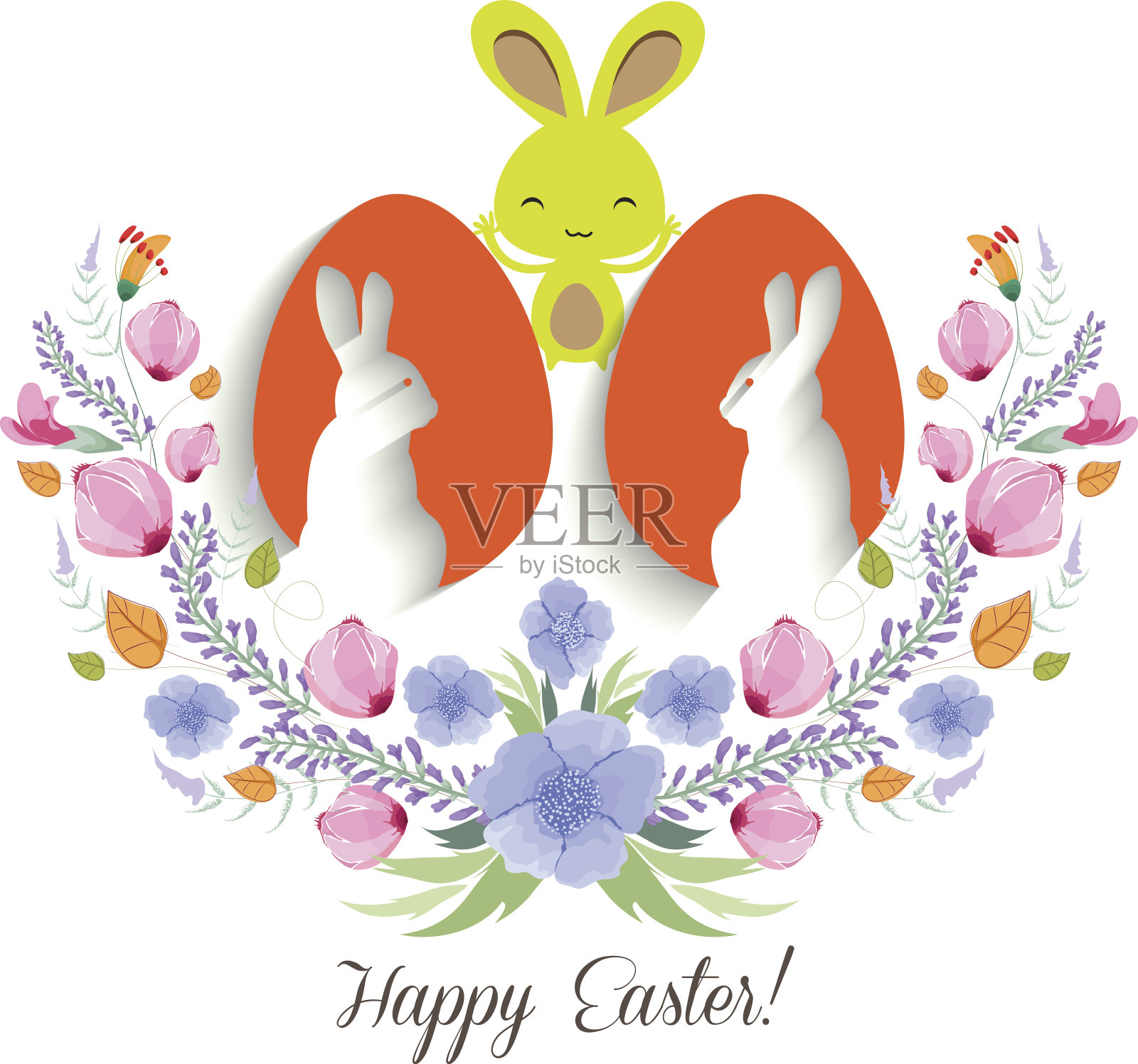 复活节贺卡与复活节兔子与花圈插画图片素材