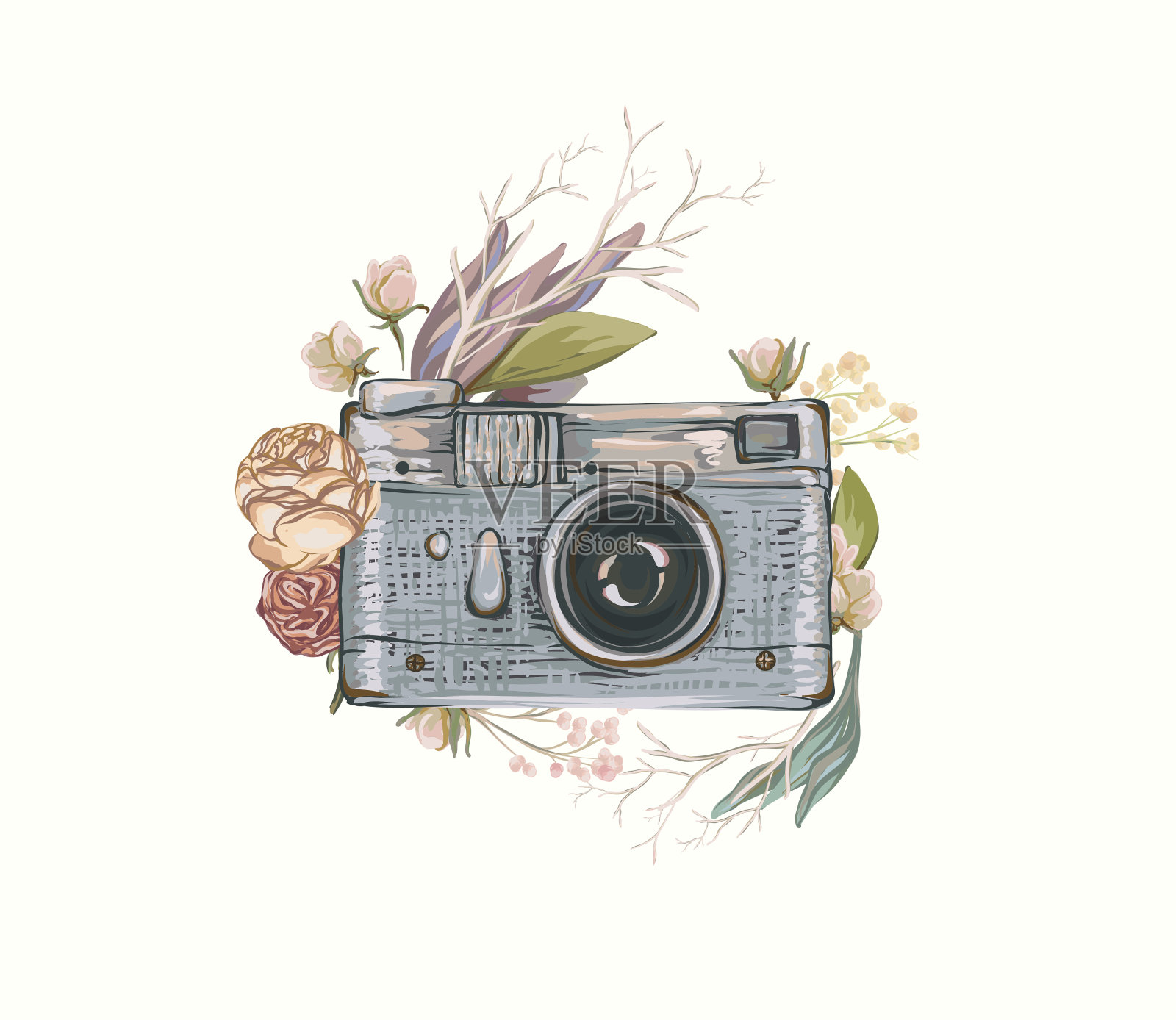复古相机在花。插画图片素材