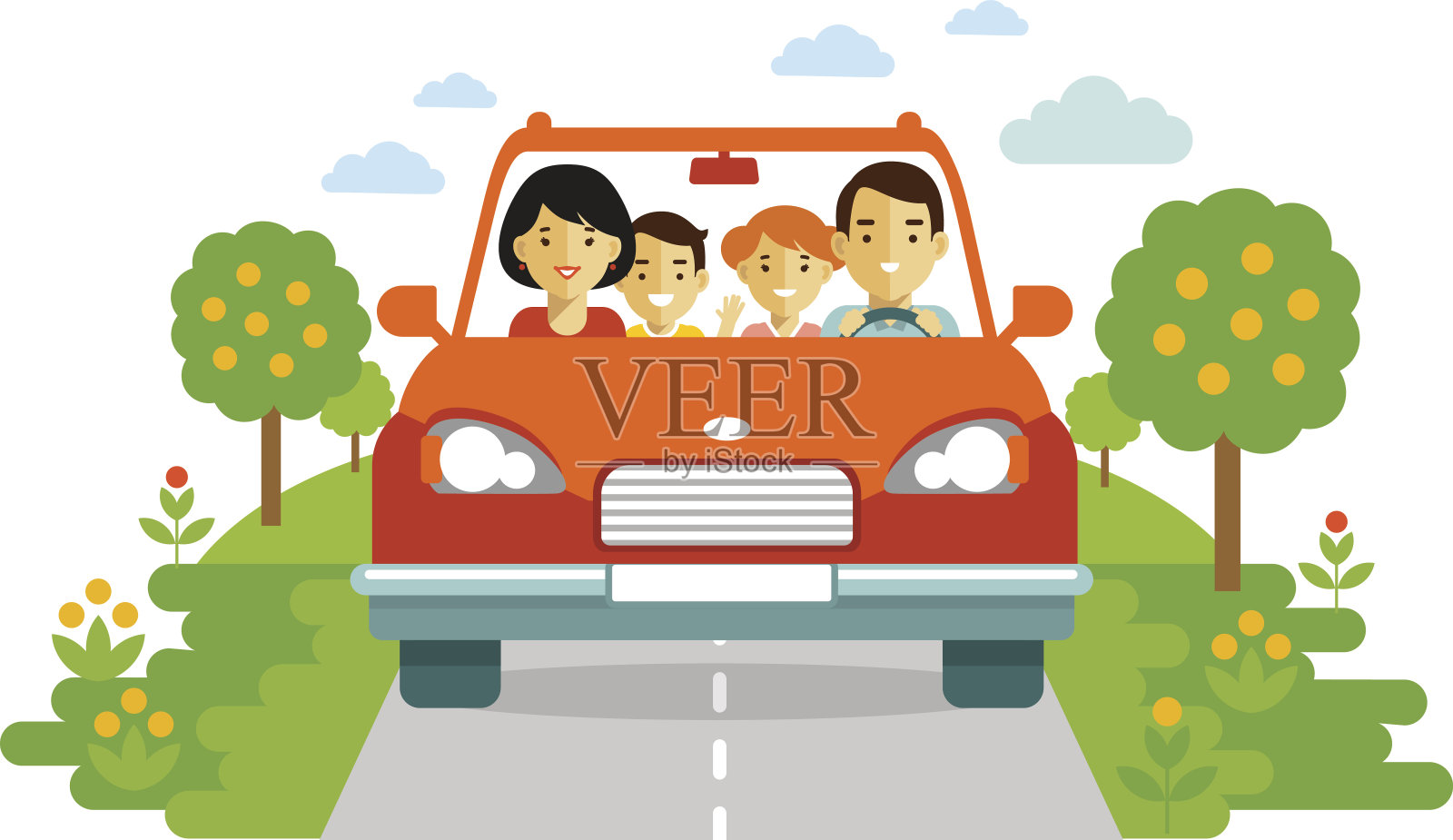幸福的家庭在自然背景下乘车旅行插画图片素材