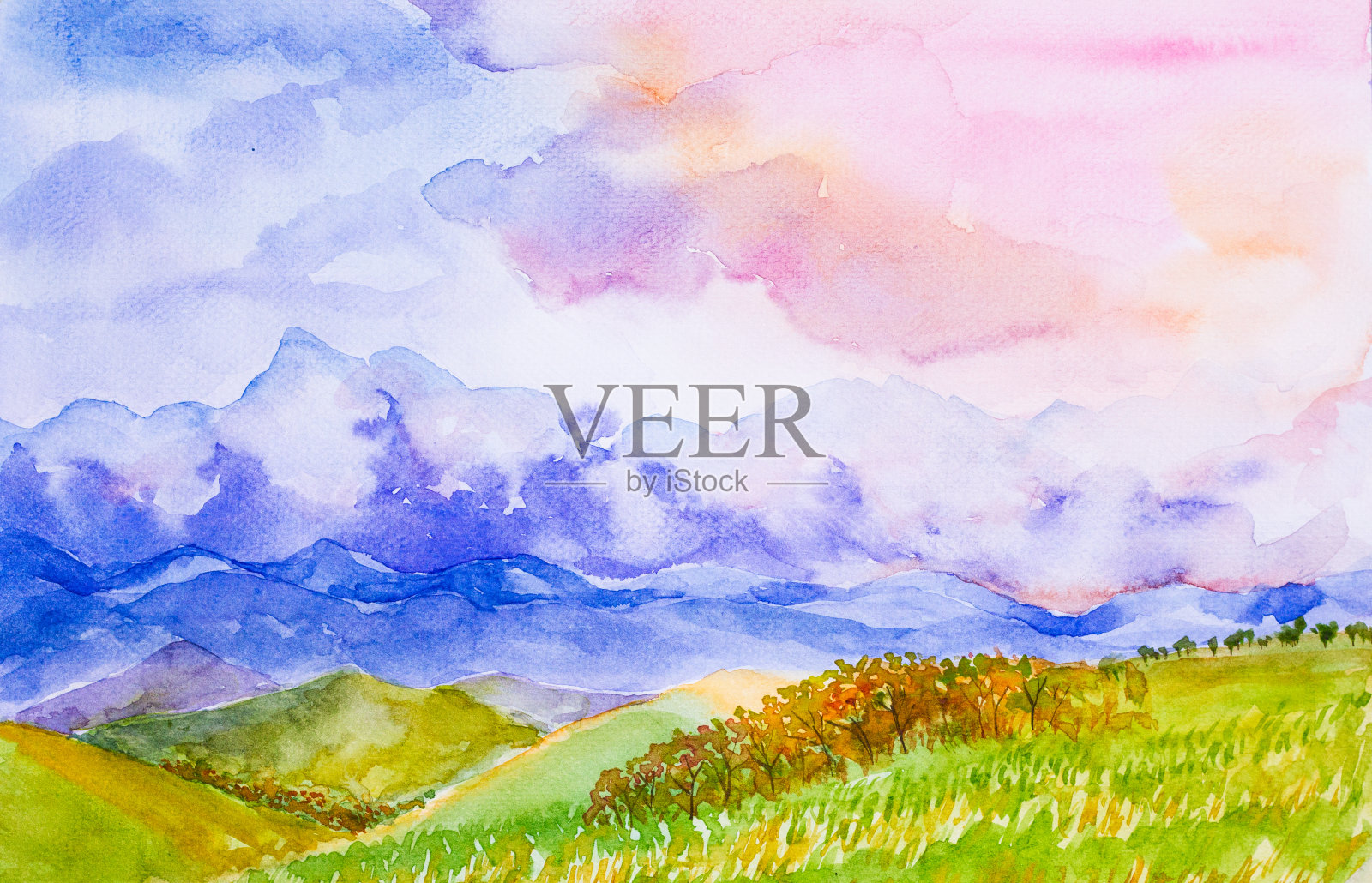 山川景观用五颜六色的天空水彩画插画图片素材
