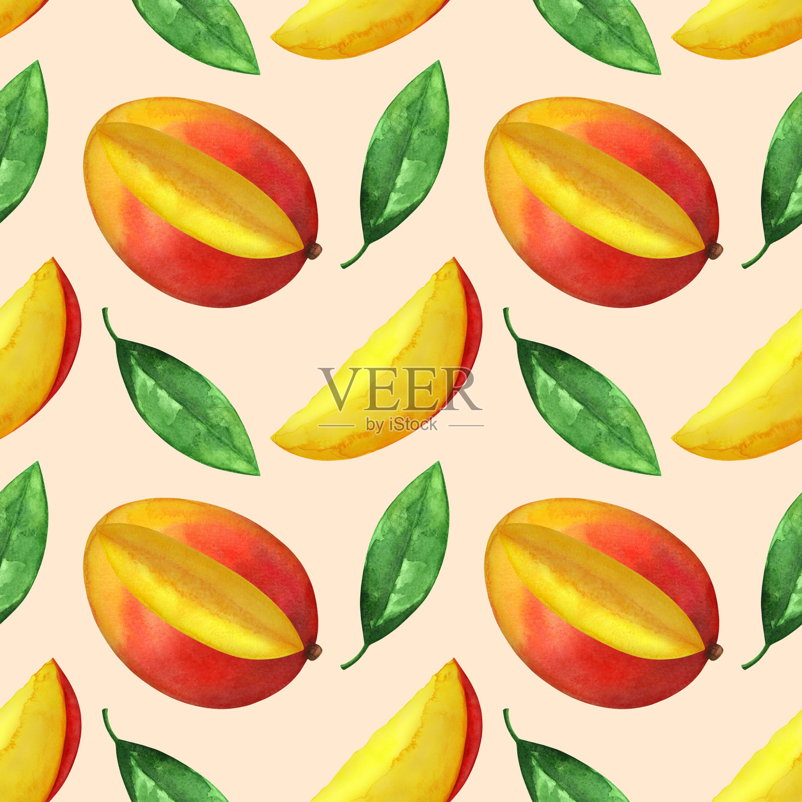 水彩无缝图案用水果芒果，树叶插画图片素材