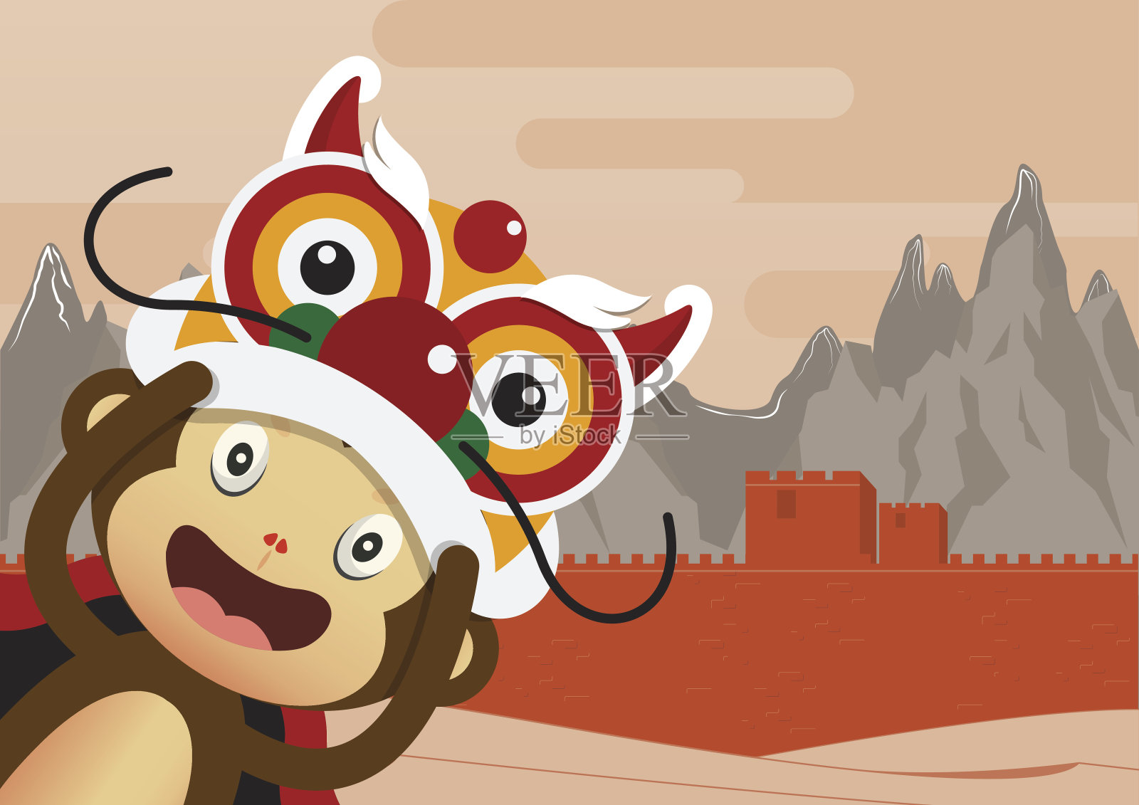 猴子卡通人物和中国长城的背景。设计模板素材